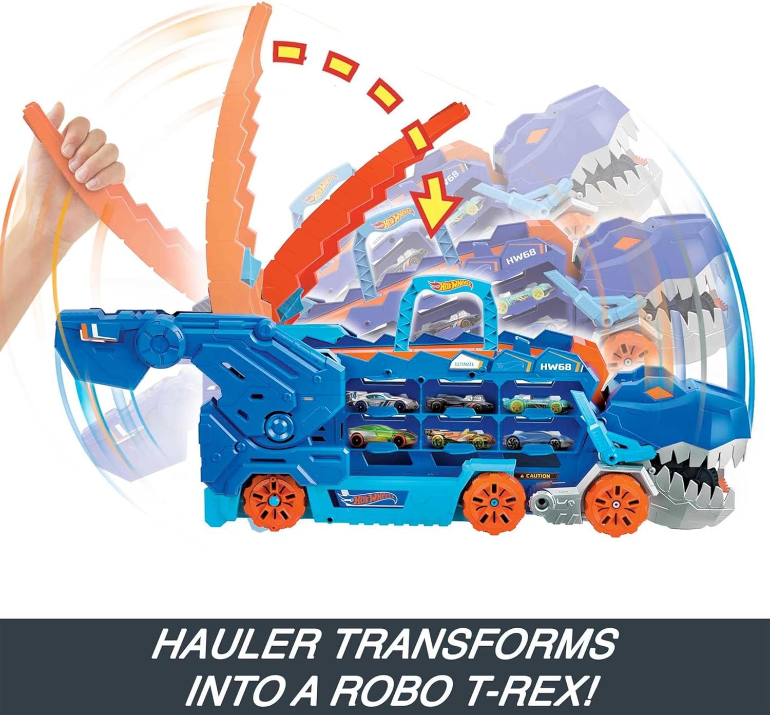 Hot Wheels City Ultimate Hauler, Transforms into Stomping T-Rex with Race Track, Lights and Sounds, Toy Storage for 20+ 1:64 Scale Cars + 50-Pack of 1:64 Scale Vehicles