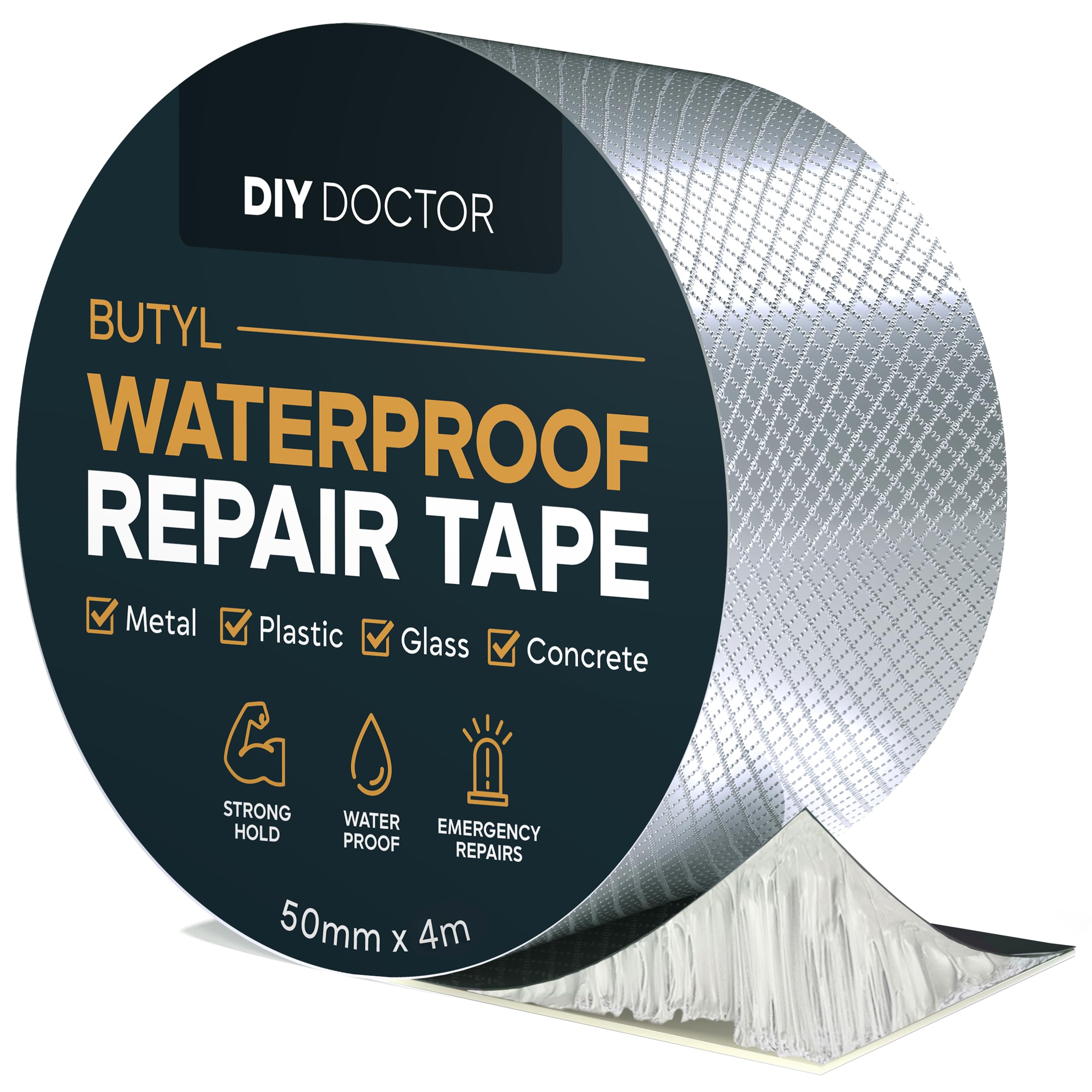 DIY Doctor Waterproof Tape for Leaks 50mm x 4m Butyl Roof Sealant Tap | Aluminium Foil Butyl Repair Tape for Outdoor Use. Seals Roof Felt, Gutters, Sheds, Caravans, Pipes, Metal, Glass.