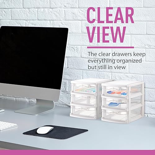 Miniatura 4 de Tribello Almacenamiento de plástico con 3 cajones, mini cajón, marco blanco con cajones transparentes para almacenamiento de manualidades, 10
