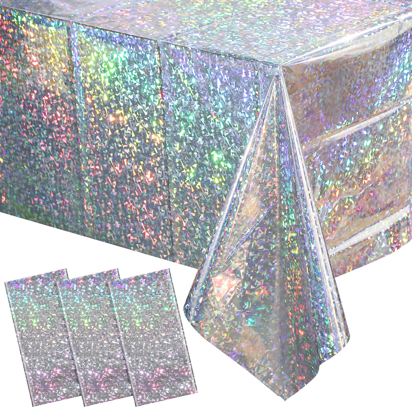 3 Pack New Iridescent Silver Tablecloth Party Decorations, Holographic Silver Glitter Plastic Tablecloth, Disposable Laser Rectangle Table Cover for Disco Birthday 70s Theme Party Decorations, 54x108