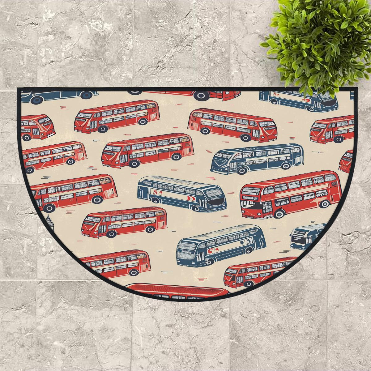 Mexpekil Paillasson demi-lune en forme de bus rouge et bleu, pour intérieur et extérieur, antidérapant, lavable, absorbant, anti-saleté, 100 x 160 cm