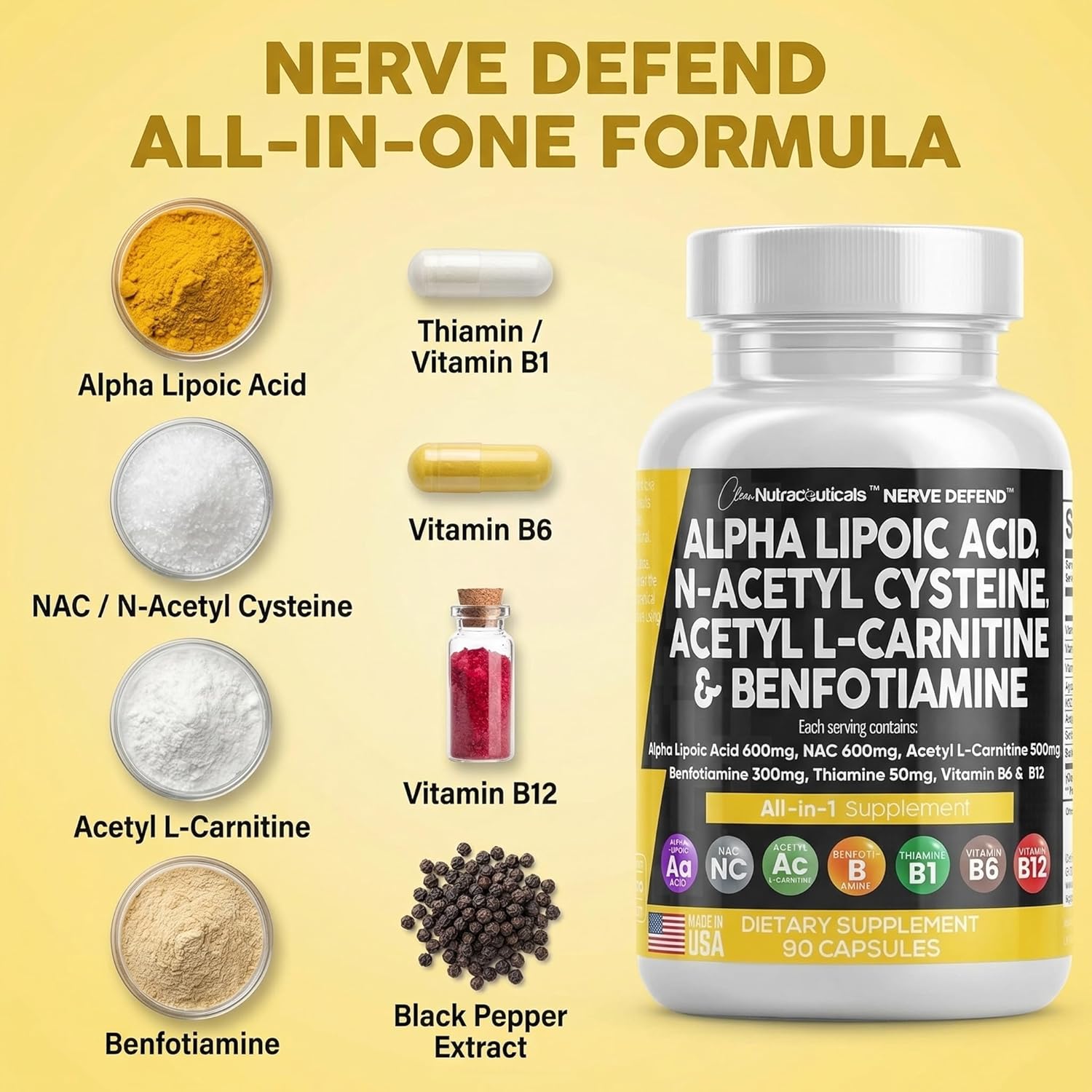 Alpha Lipoic Acid 600mg N-Acetyl Cysteine 600mg Acetyl L-Carnitine 500mg Benfotiamine 300mg - Nerve Support Supplement for Women and Men with Vitamin B1 B6 & B12 - Made in USA 90 Caps
