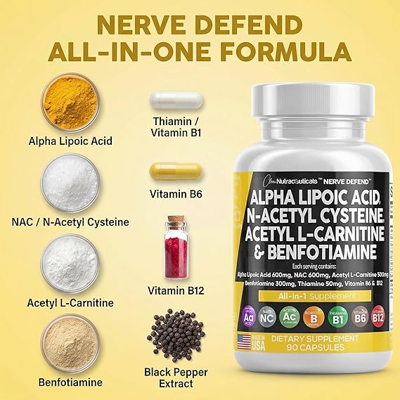 Alpha Lipoic Acid 600mg N-Acetyl Cysteine 600mg Acetyl L-Carnitine 500mg Benfotiamine 300mg - Nerve Support Supplement for Women and Men with Vitamin B1 B6 & B12 - Made in USA 90 Caps