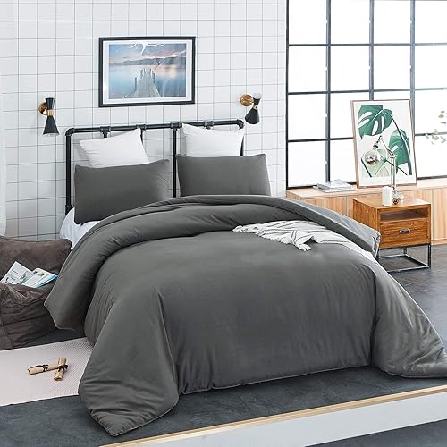 Miniatura 3 de KAREVER - Juego de edredón gris, juego de cama gris oscuro puro para niños, adolescentes y adultos, de color gris sólido, ligero y duradero, tamaño
