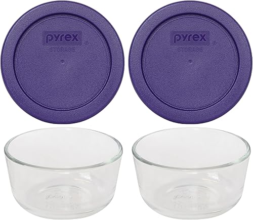 Pyrex 7202 - Cuencos de vidrio de 1 taza y 7202 tapas color morado ciruela (paquete de 2) - Fabricado en Estados Unidos