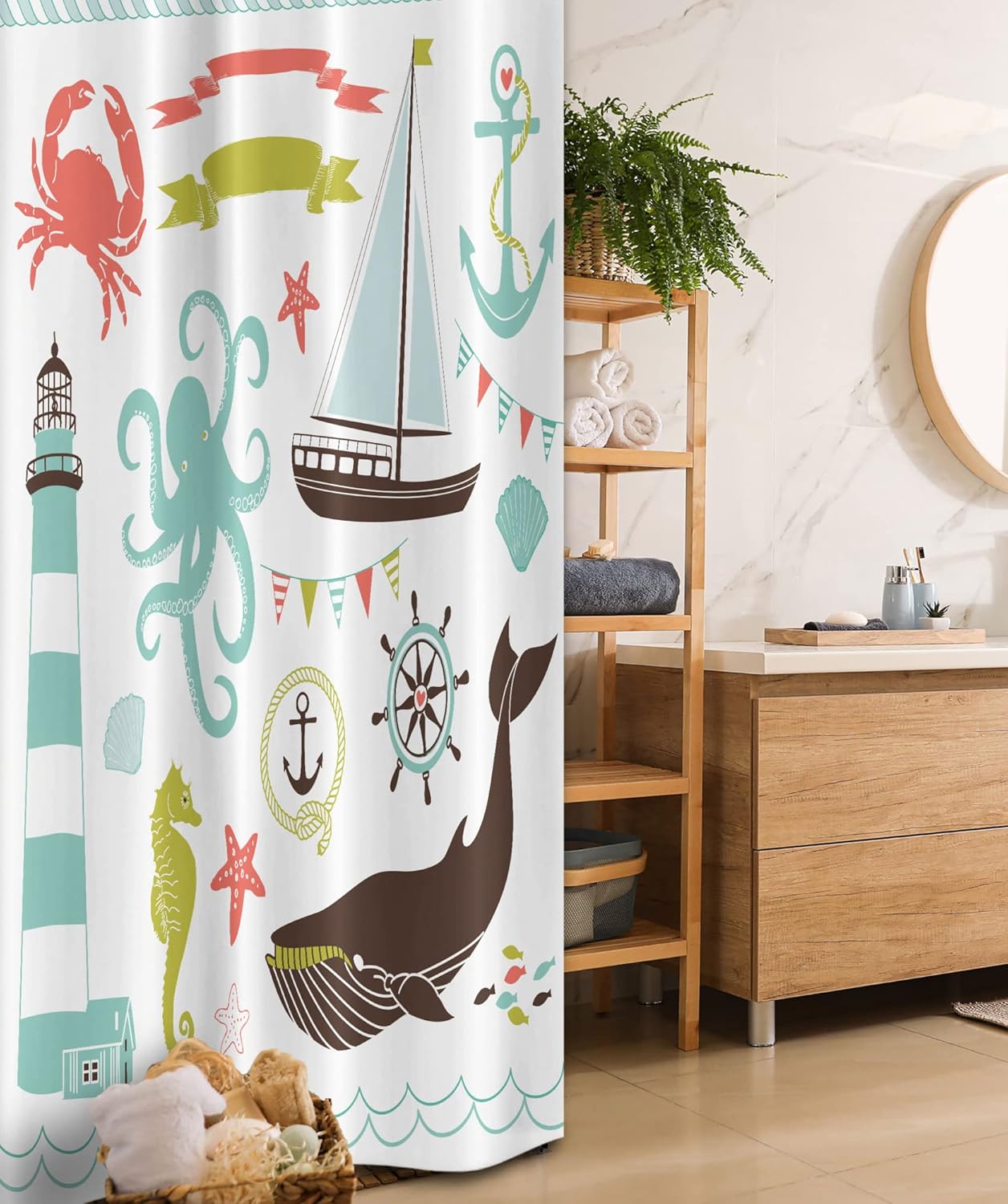 Ambesonne Nautical Stall Shower Curtain, Nostalgia Cartoon Style Maritime Nautical Elements Artwork Seaside Lighthouse, Fabric Bathroom Decor Set with Hooks, 36" W x 72" L, Multicolor