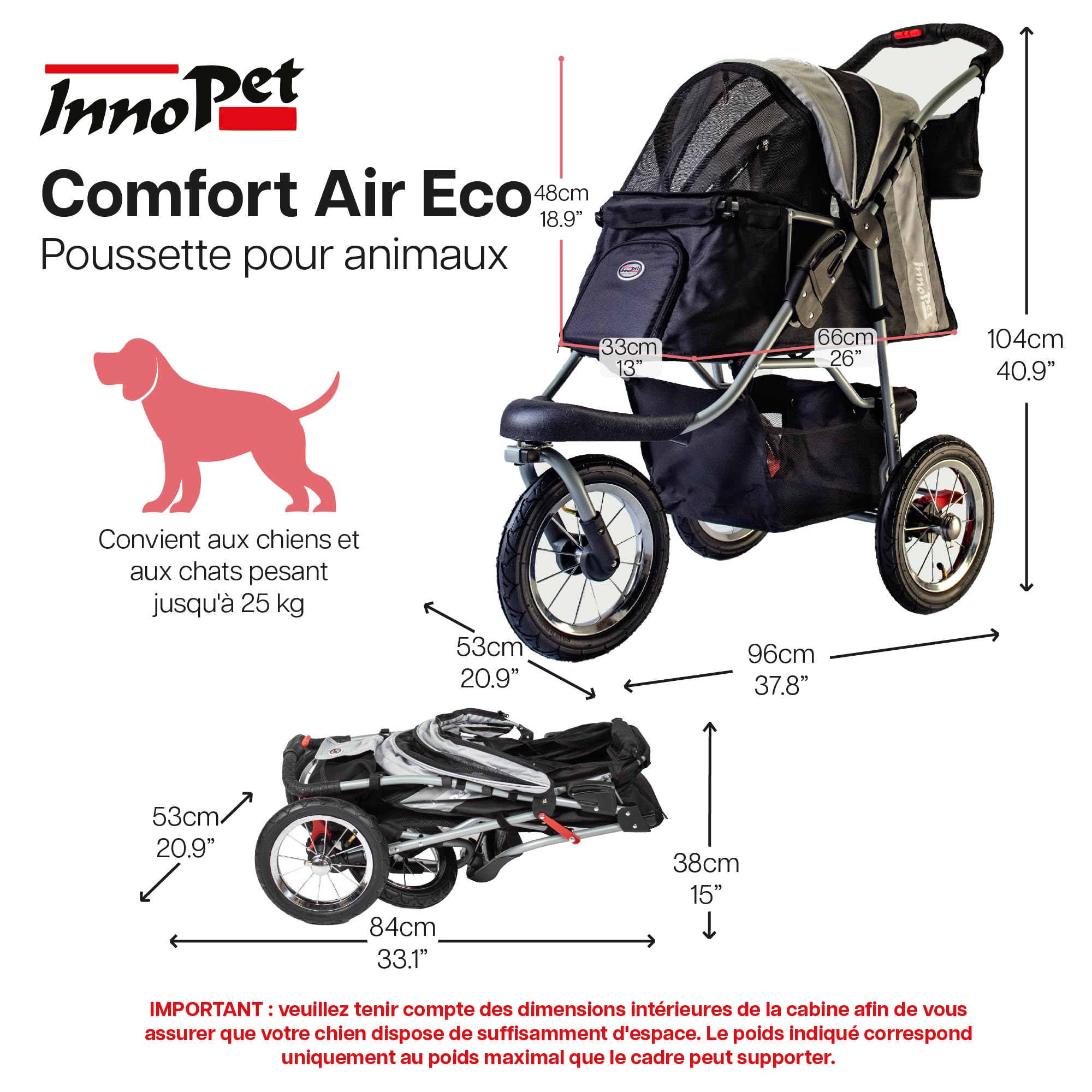 Poussette Innopet Comfort Air Eco pour chiens et chats, noir/argent - Avec pneus pneumatiques de 12 pouces - Pliable d'une seule main - Organiseur de rangement - Tissu en nylon recyclé