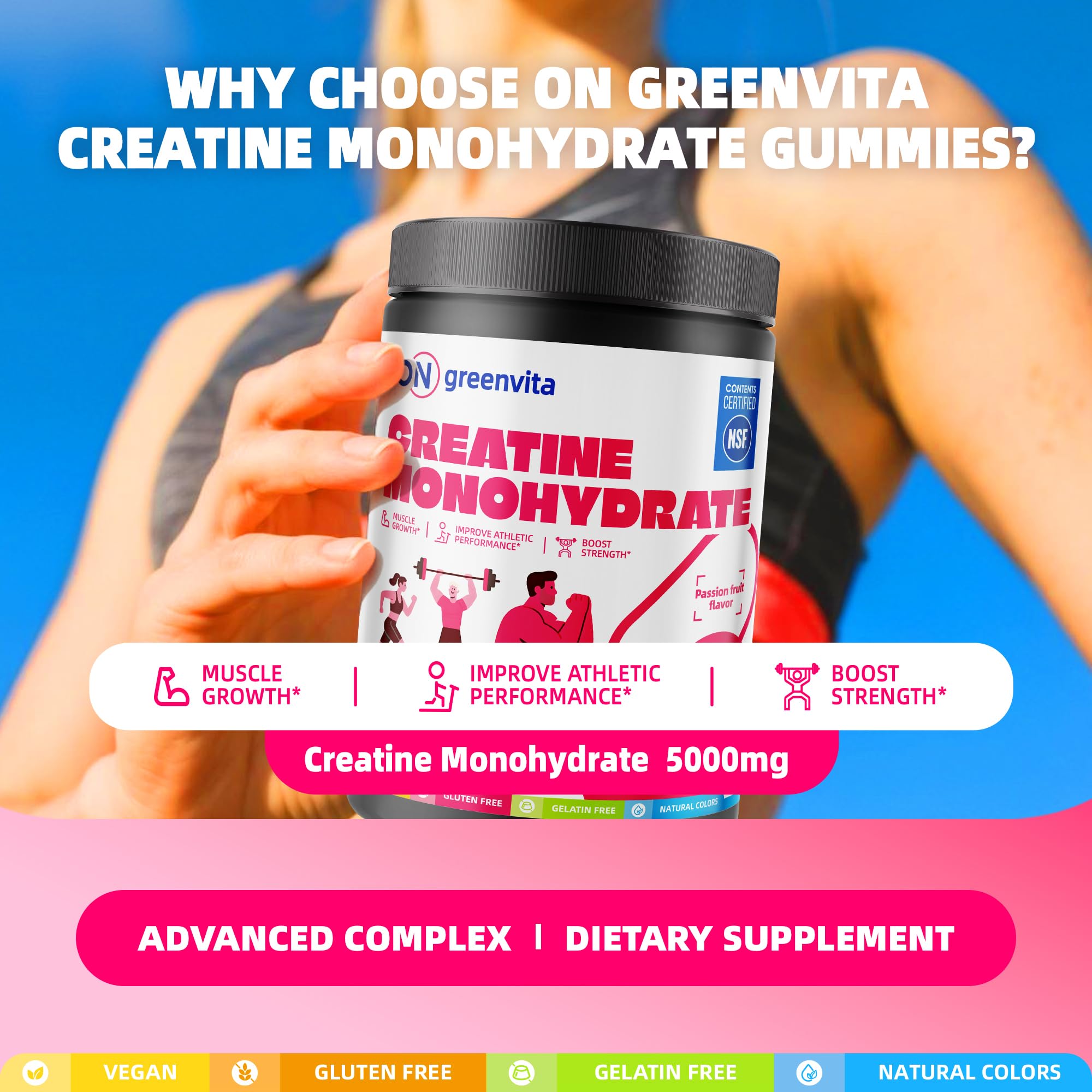 Creatine Monohydrate Gummies, NSF Certified Creatine Gummy, 5g Dose for Men & Women to Support Muscle, Strength, Recovery, Cognitive Health & Memory, Passion Fruit Flavor, 135 Gummies — Amazon image 2