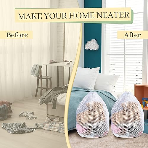 Miniatura 3 de Bolsas de lavandería de malla a granel con cordón de 20 x 24 pulgadas, bolsa de malla blanca resistente, lavable a máquina, bolsa de lavado de red