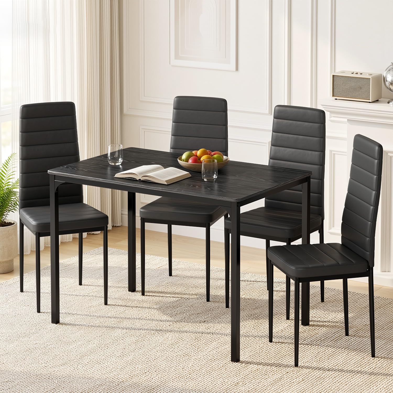 Table À Manger avec 4 Chaises, Ensemble Repas, Table De Cuisine avec Chaises, Similicuir Résistant Et Table Rectangulaire en Bois, pour Cuisine, Salle À Manger, Salon, Noir