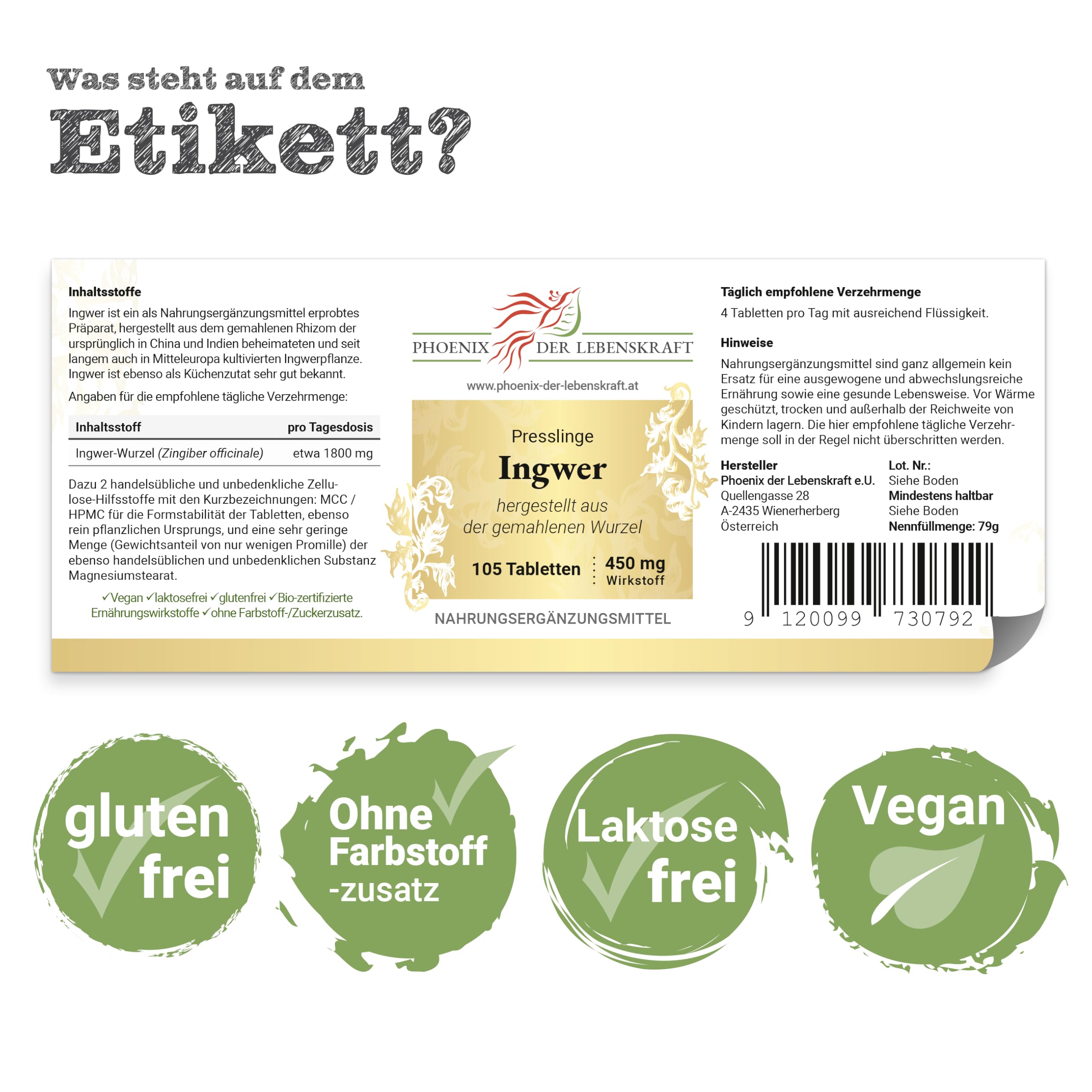 Ingwer Tabletten 450 mg | 105 Tabletten Zingiber officinale | Qualität aus Österreich | Presslinge aus gemahlener Ingwerwurzel | Tabletten statt Kapseln | Ginger, Sheng Jiang, Adrak, Gingembre