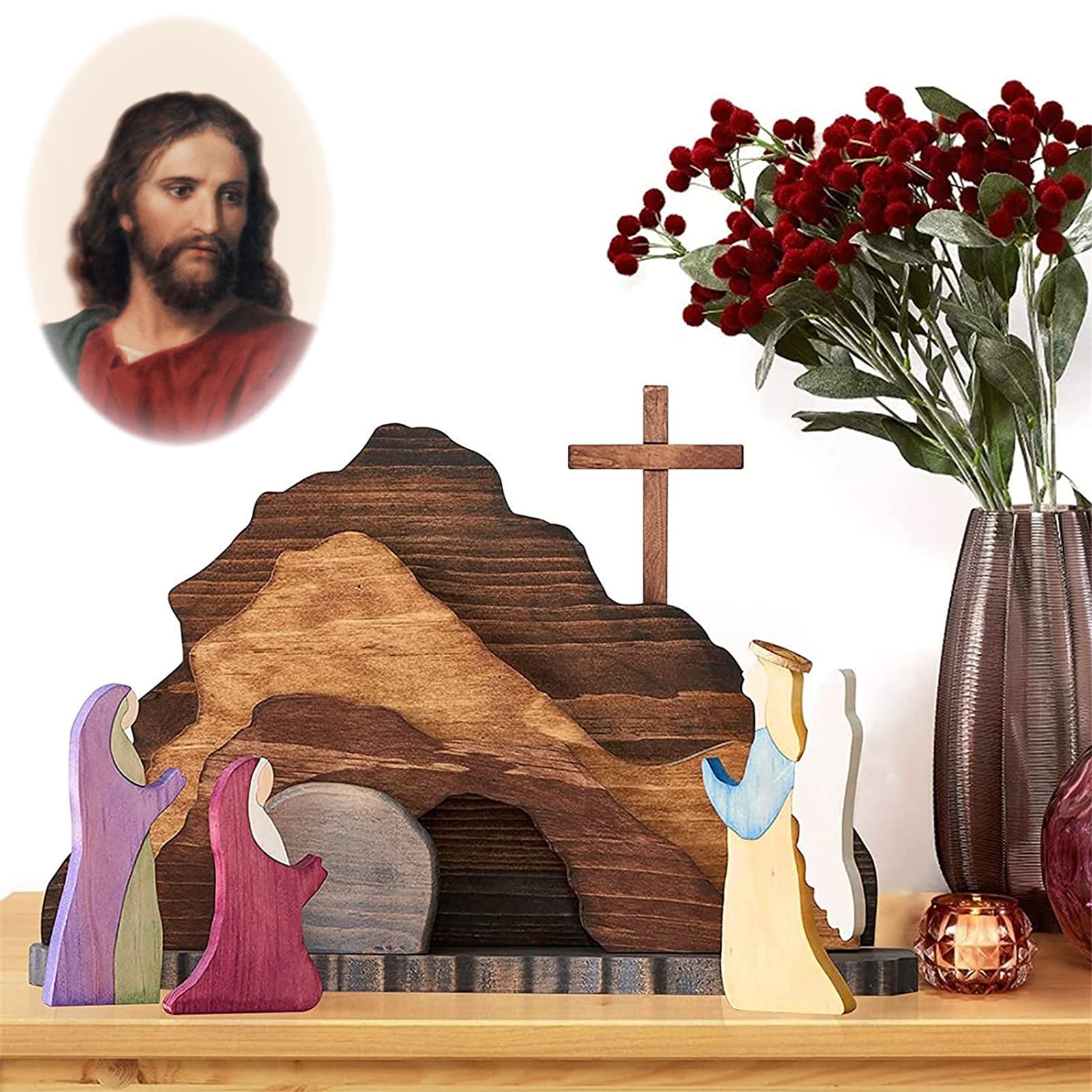 XiXiCCCC Easter Scene Wooden Decoration,Easter Resurrection Scene,Wooden Easter Cross Risen Christ Figurine Decor Nativity Set,Easter Resurrection Scene Set.