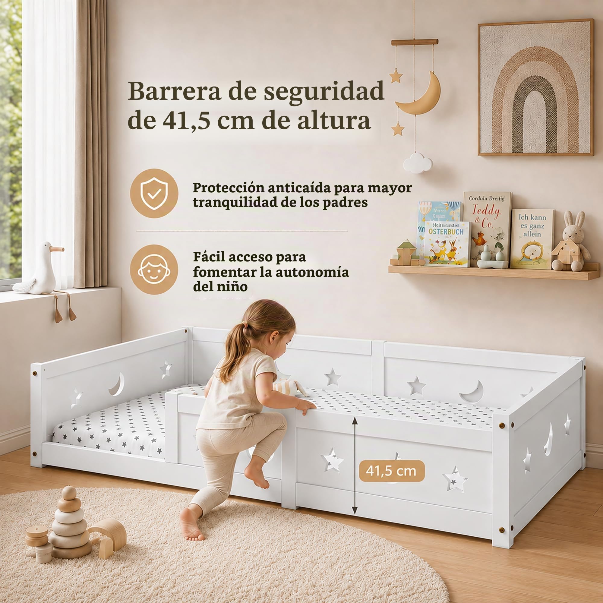 Cama Montessori 140x200 cm, Cama Doble Infantil con Protección Anticaída y Somier de Láminas, Baby Bed Toddler Bed para Niños y Niñas, Estrella y Luna, Pino, Sin Colchón, Blanco