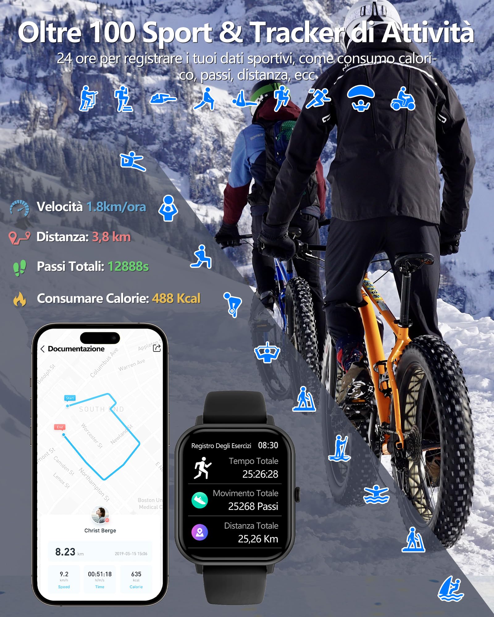 Smartwatch Donna Uomo,1.83" Orologio Smartwatch con Effettua/Risposta Chiamate, Sonno/SpO2/Cardiofrequenzimetro/Contapassi, 110+ Modalità Sportive, IP68 Impermeabile Fitness Tracker per iPhone&Android