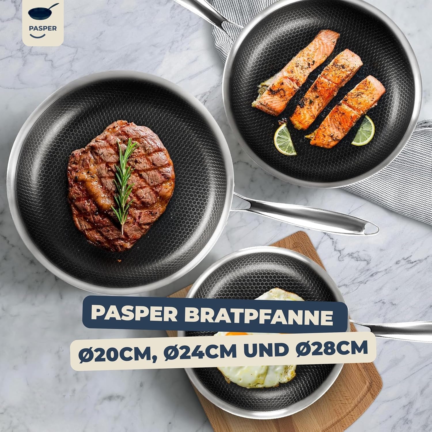 Pasper Patelnia Ø 30 cm – nie zawiera PFAS, PTFE i PFOA – indukcyjna, elektryczna, ceramiczna, gazowa i piekarnik – patelnia ze stali nierdzewnej z odporną na zarysowania powłoką zapobiegającą