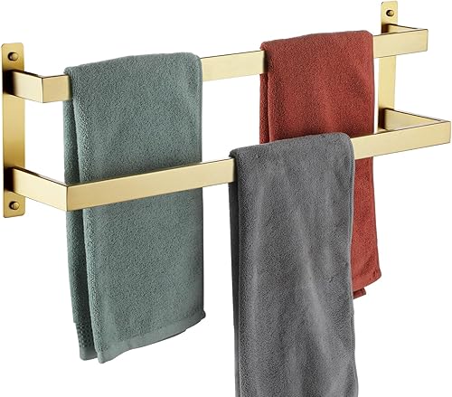 Miniatura 12 de KOKOSIRI Barras para toallas de baño de 2 niveles tipo escalera oro cepillado Rieles para toallas de 32 pulgadas Soportes para toallas montados