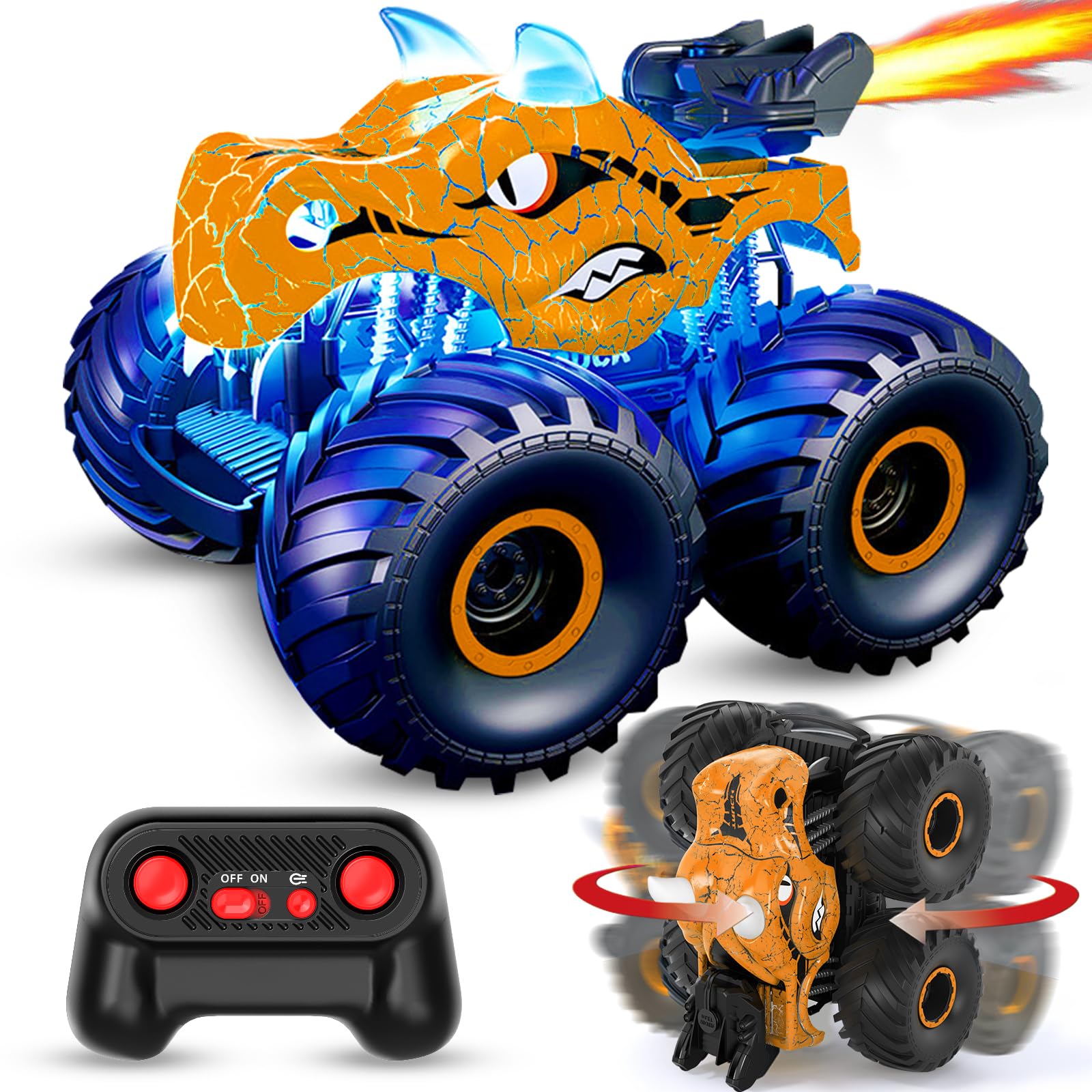 Dinosaur Remote Control Car, 2.4GHz Monster Trucks for Boys Girls with Light, Sound & Spray, Dinosaur Toys Gift for Kids 3 4 5 6 7 8, All Terrain RC Cars for Toddlers with 2 Batteries