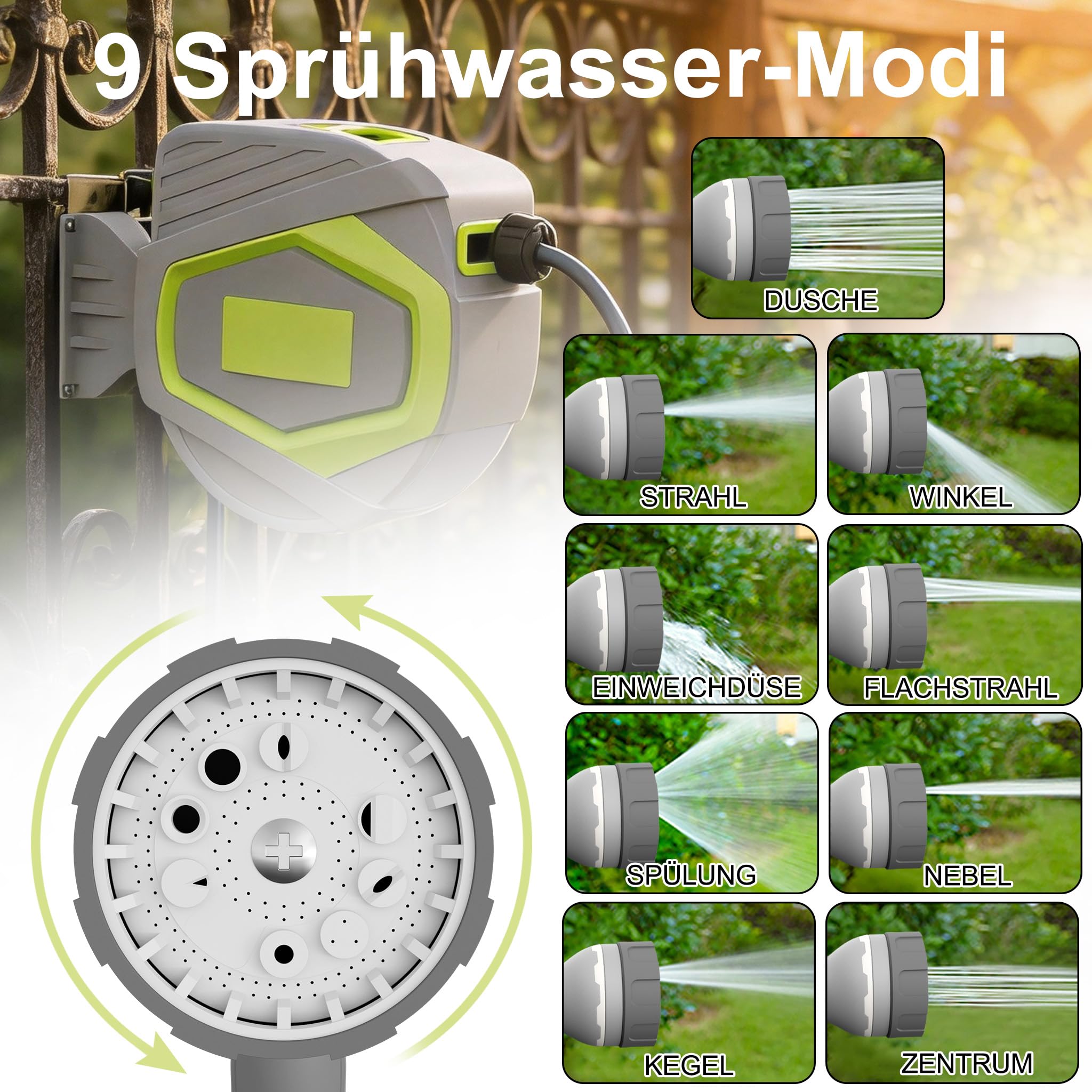 HENGMEI Schlauchtrommel Wasser 30+2m Wandmontage Schlauchaufroller Garten Schlauchbox mit Automatik-Aufrollung 10 Sprühmodi, 180° Schwenkhalterung Wasserschlauchtrommel (Grau und Gelb)