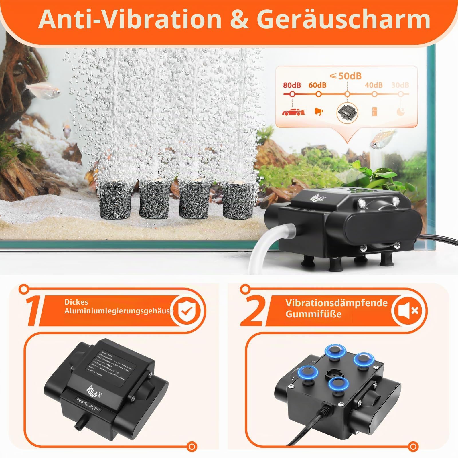 AQQA Aquarium Luftpumpe,Leistungsstarker 4 Ausgänge Aquarium Sauerstoffpumpe,10W Regelbare Sauerstoffpumpe für Aquariums,Leise Aquariums Belüfterpumpe mit komplett Zubehör,bis zu 2200L