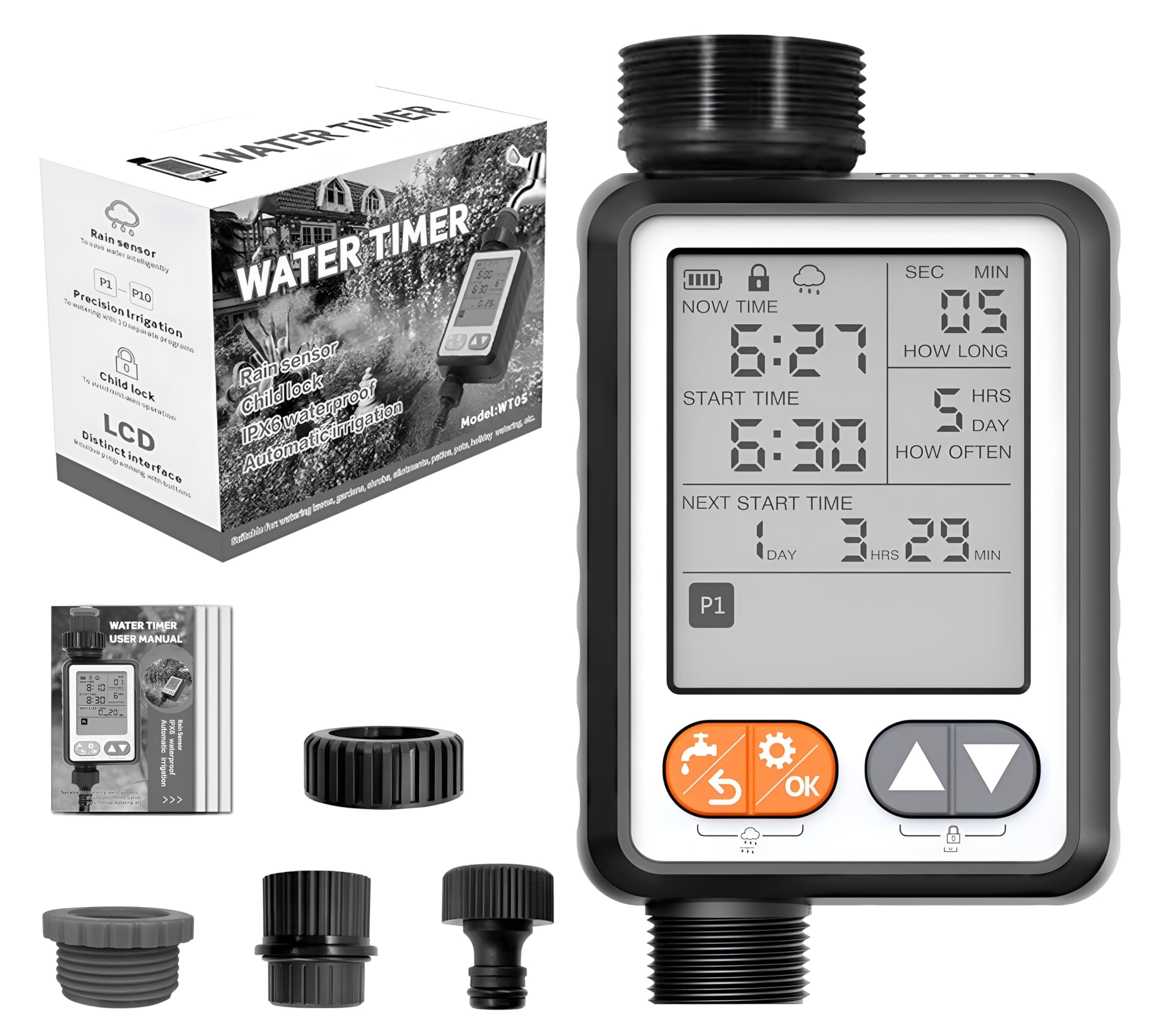 XPR3SS Water Timer With Rain Sensor, 10 Different Water Programs Drip Irrigation Controller With Child Lock Feature Programmable Automatic Water Dripper Home & Garden Irrigation Water Timer