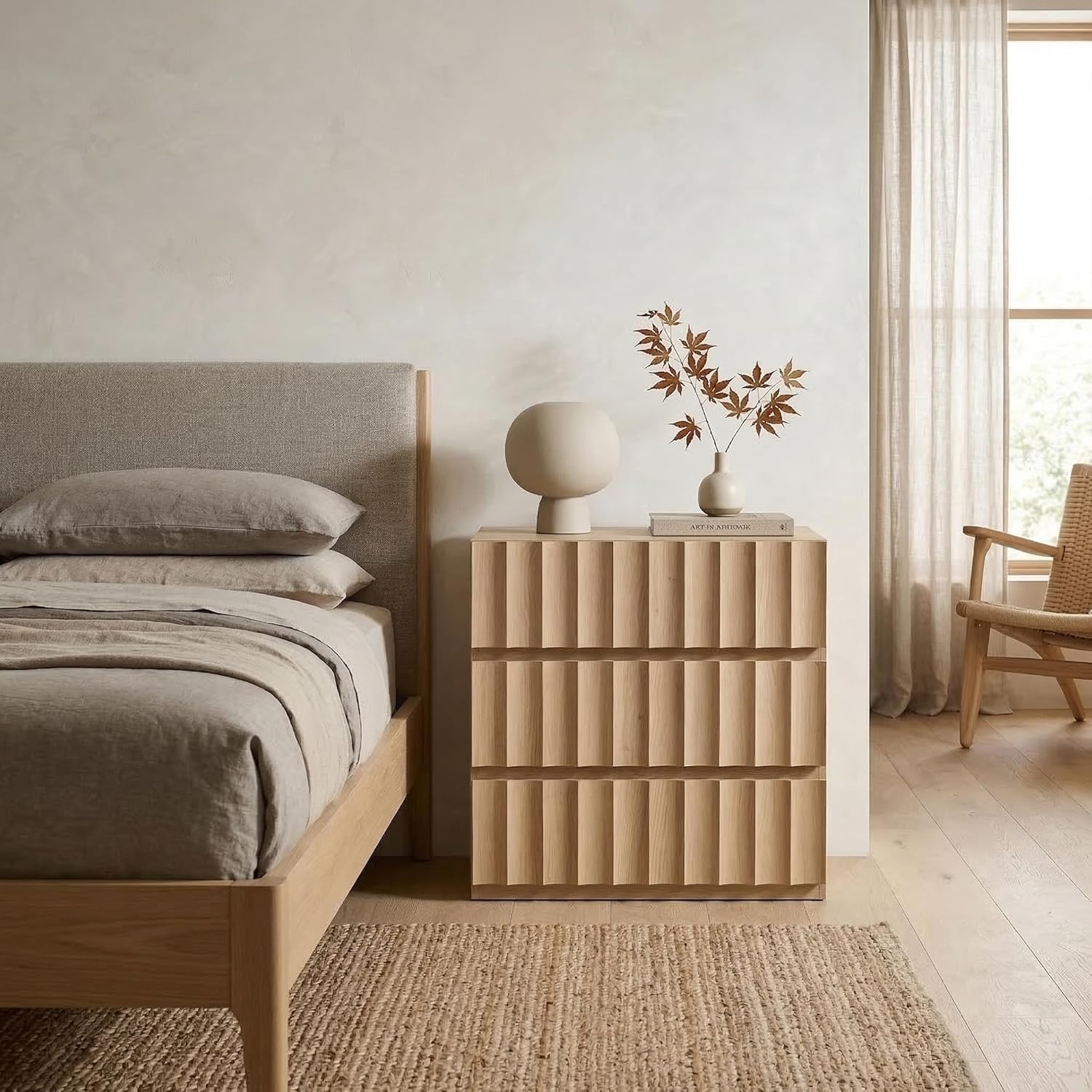 VividVibe Fluted Night Stand Set 2 Oversized Extra Large Nightstands Set of 2 Tall Bedside Side Table with 3 Drawers Storage Modern End Tables Wide Night Stands for Bedroom Couch Home Office Light Oak