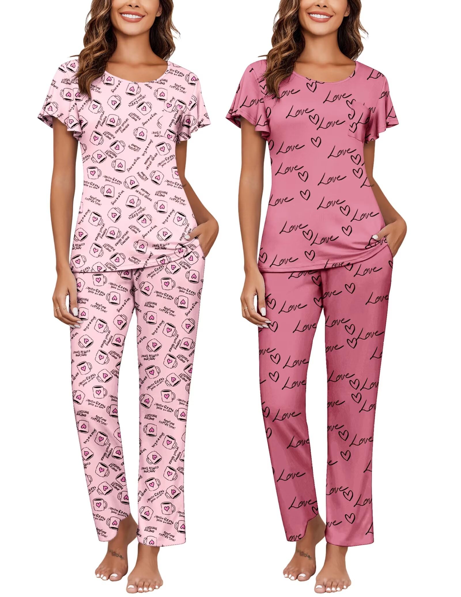 Ekouaer Pajamas for Women Set 2 Piece Comfy Loungewear, Lightweight Pjs Sleepwear, Short Sleeve Top &amp; Long Pants with Pockets