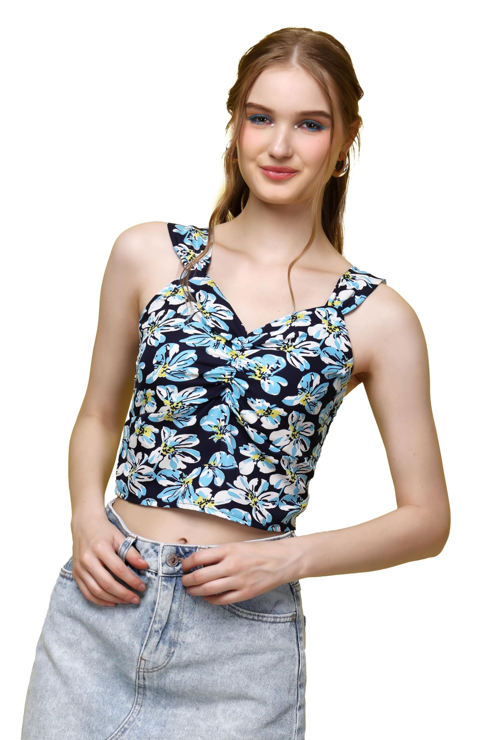 POPWINGS Women Casual Blue & White Stripe Print Strap Crop Top | Women Sleeveless Top | Women Trendy Top-picture-48
