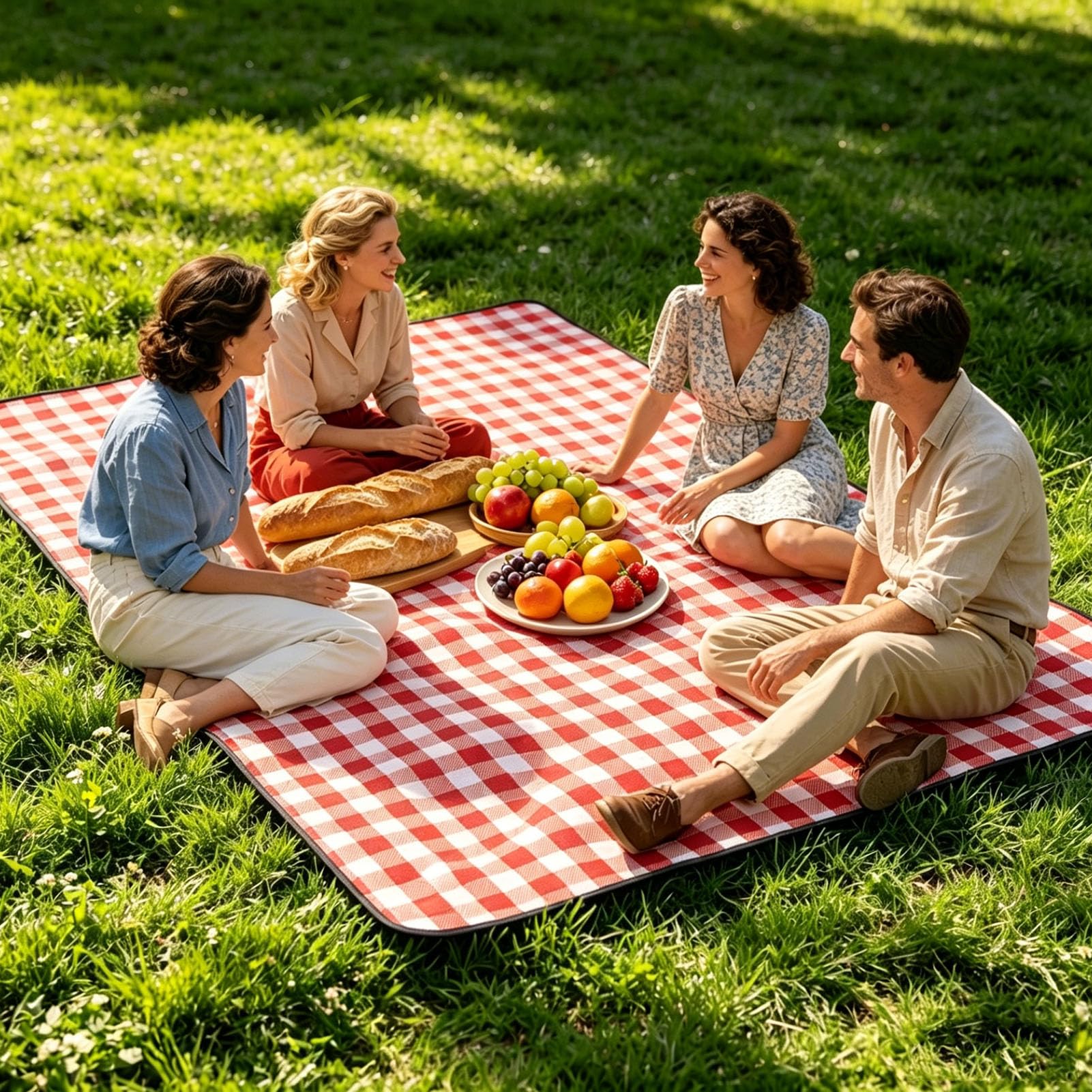 Grande Telo da Picnic Impermeabile Antiscivolo Lavabile in Lavatrice Pieghevole e Portatile, Coperta da Picnic con Manici, per Famiglie e Amici, Campeggio e Viaggi,Blue Grid,200×200cm