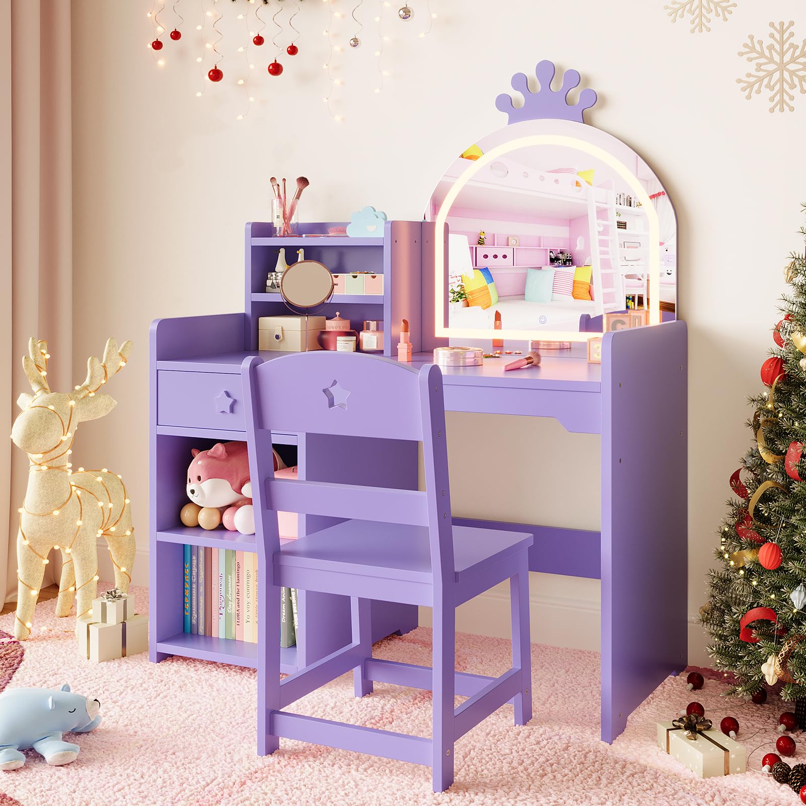 Zstar 3-in-1 Kinder Schminktisch Set, Schminkkommode Mit LED-Leuchten | Offenes Bücherregal&Aufbewahrung, Frisiertisch Für Mädchenzimmer, Ink. Hocker&Spiegel