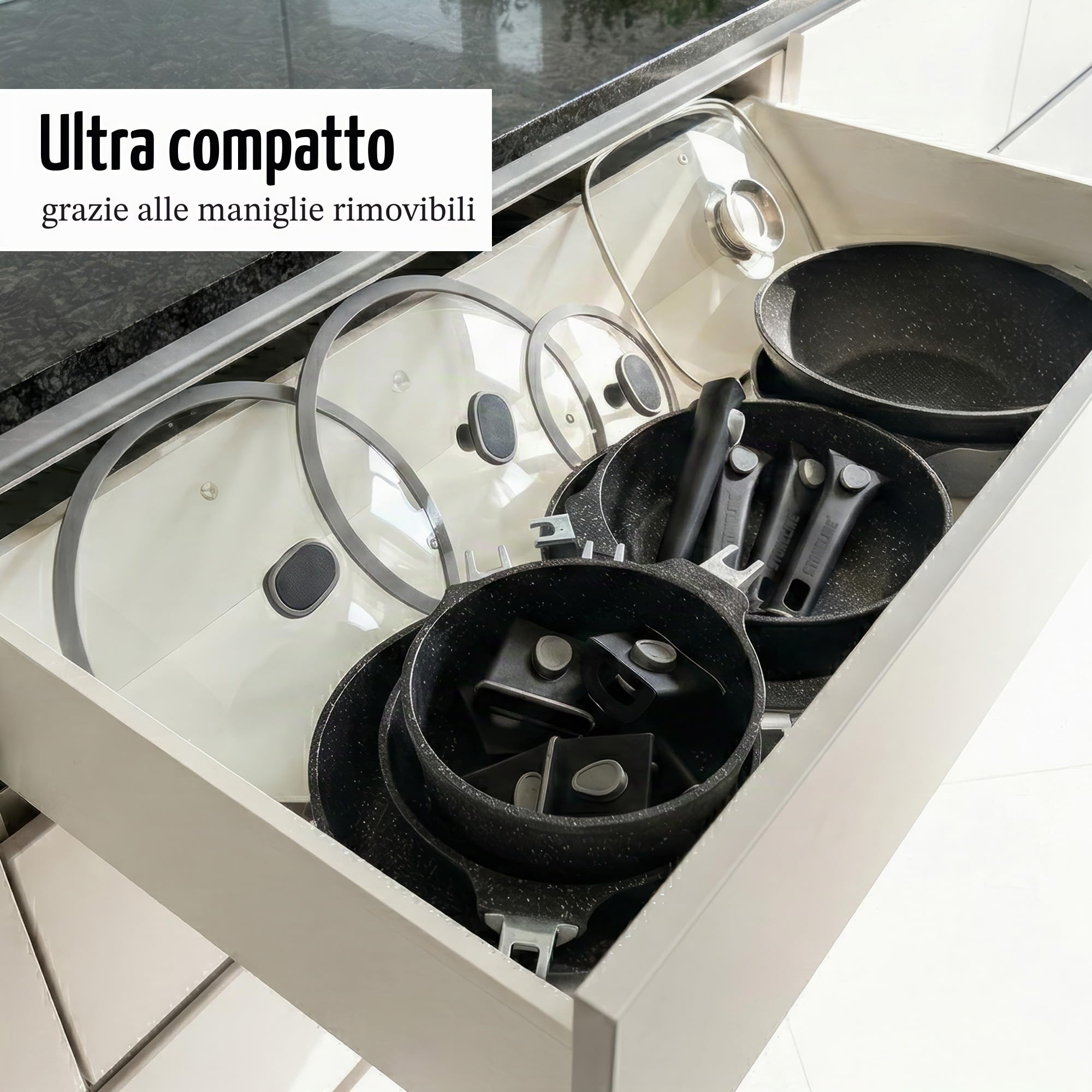 STONELINE SMART Padella Alta 28 cm, 4 L Padella Induzione Grande con Coperchio, Manico Rimovibile, Alluminio Pressofuso, Tutti i Tipi Piani Cottura, Antiaderente con Vere Particelle di Pietra, Grigio