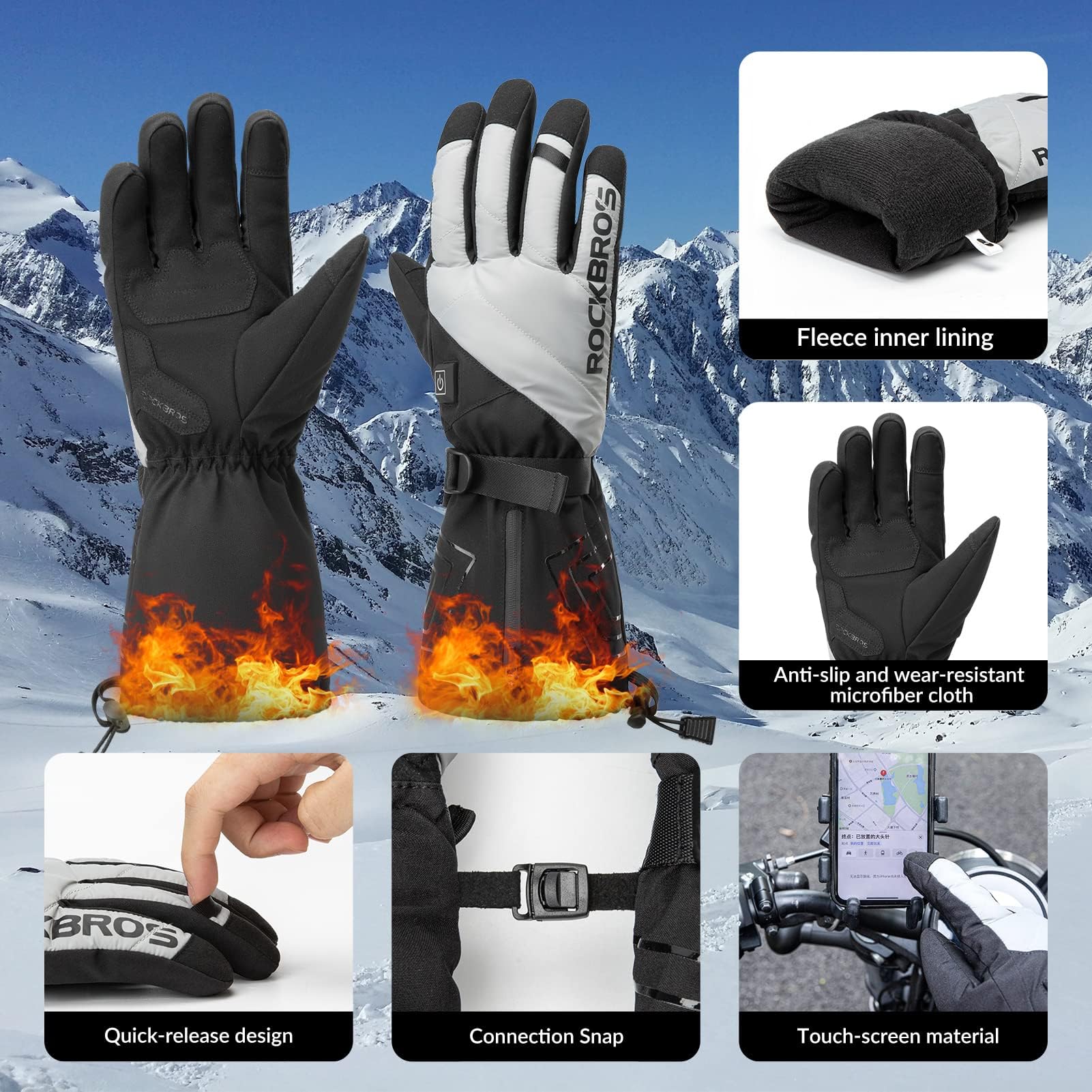 ROCKBROS Guanti da Ciclismo Riscaldati, Guanti Invernali, Guanti Termici, Adatto per Sci Ciclismo, con Touchscreen, per Donna Uomo