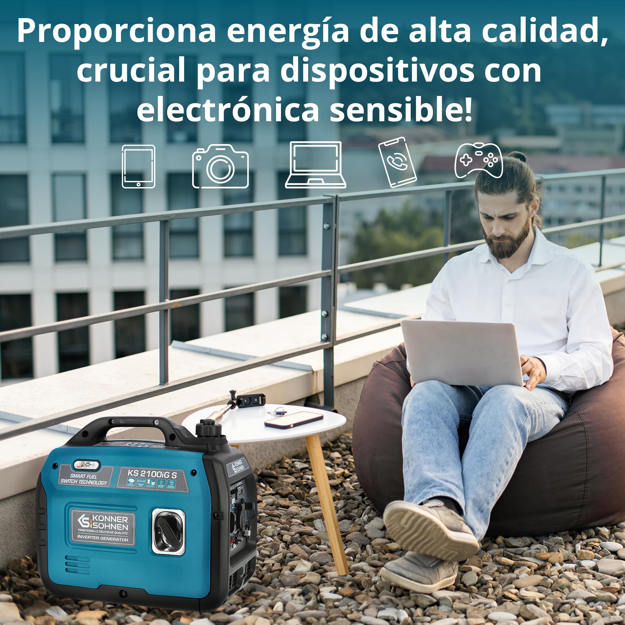 Könner & Söhnen KS 2100iG S Generador Inverter Gasolina 2000W Schuko Socket 230V 2 Puertos USB Indicador LED Modo ECO Generador de Emergencia EURO V