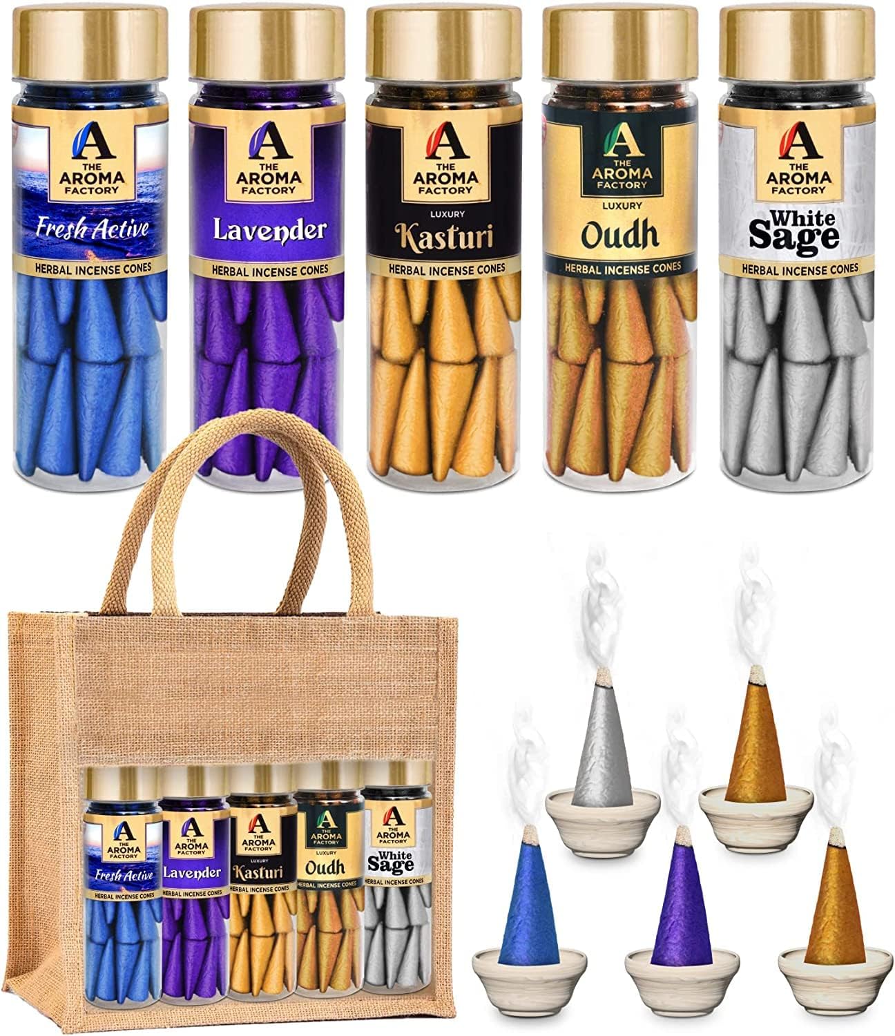 The Aroma FactoryOrganic Dhoop Cones | Lavender, Oudh, Kasutri Musk, White Sage & Fresh Active Incense Cones |No Charcoal, Scented Incense | 5x30 Cones, Pack of 5 Jute Bag Giftset