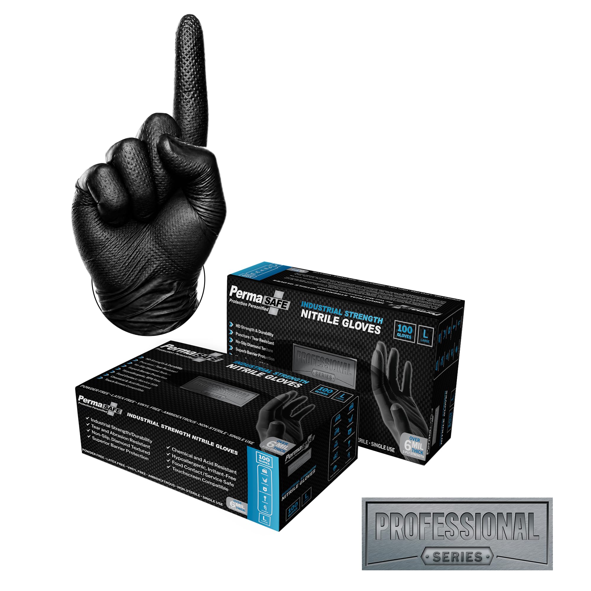 PERMASAFE PROTECTIVE COATINGS PERMASAFE - Guantes de nitrilo resistentes de 6 mil con textura de diamante antideslizante, talla L (paquete de 100)
