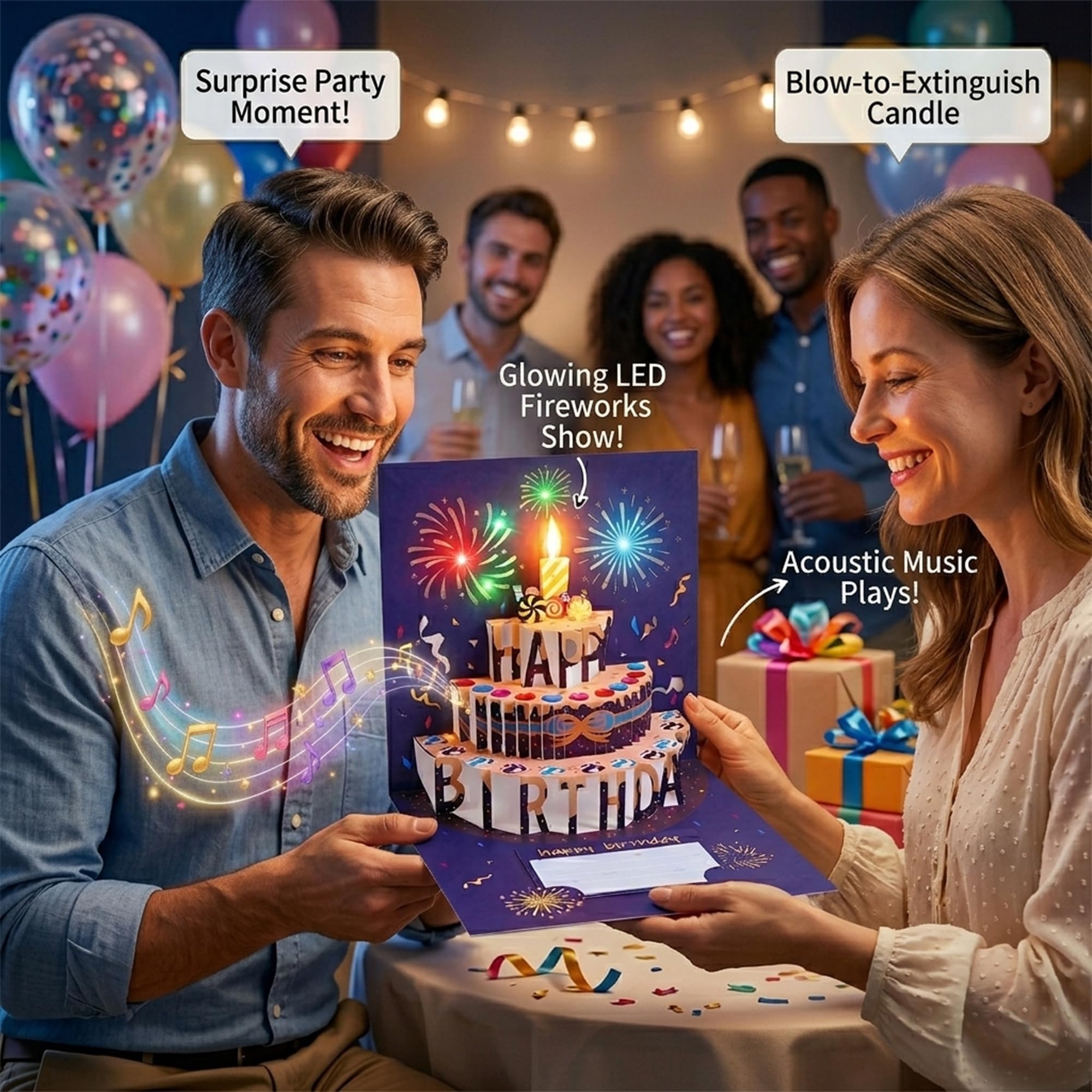 Tarjetas de cumpleaños con diseño de fuegos artificiales, luces, música y sonido de fuegos artificiales en 3D, tarjetas de cumpleaños emergentes con sobre y etiqueta para notas, luz y música soplables