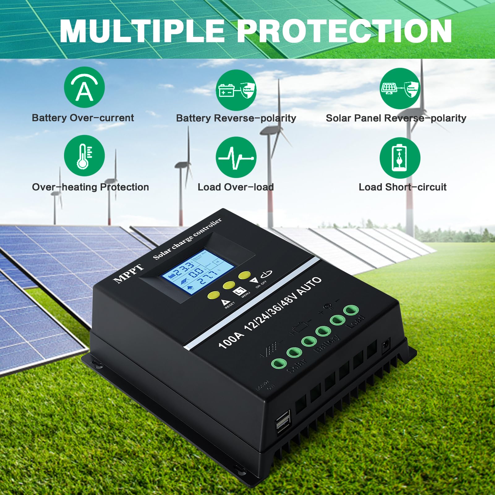 Regulador solar MPPT de 100A 12V/24V/36V/48V MPPT controlador de carga automático ID pantalla LCD Max 100V CC entrada de plomo/ácido/litio Dual USB negro