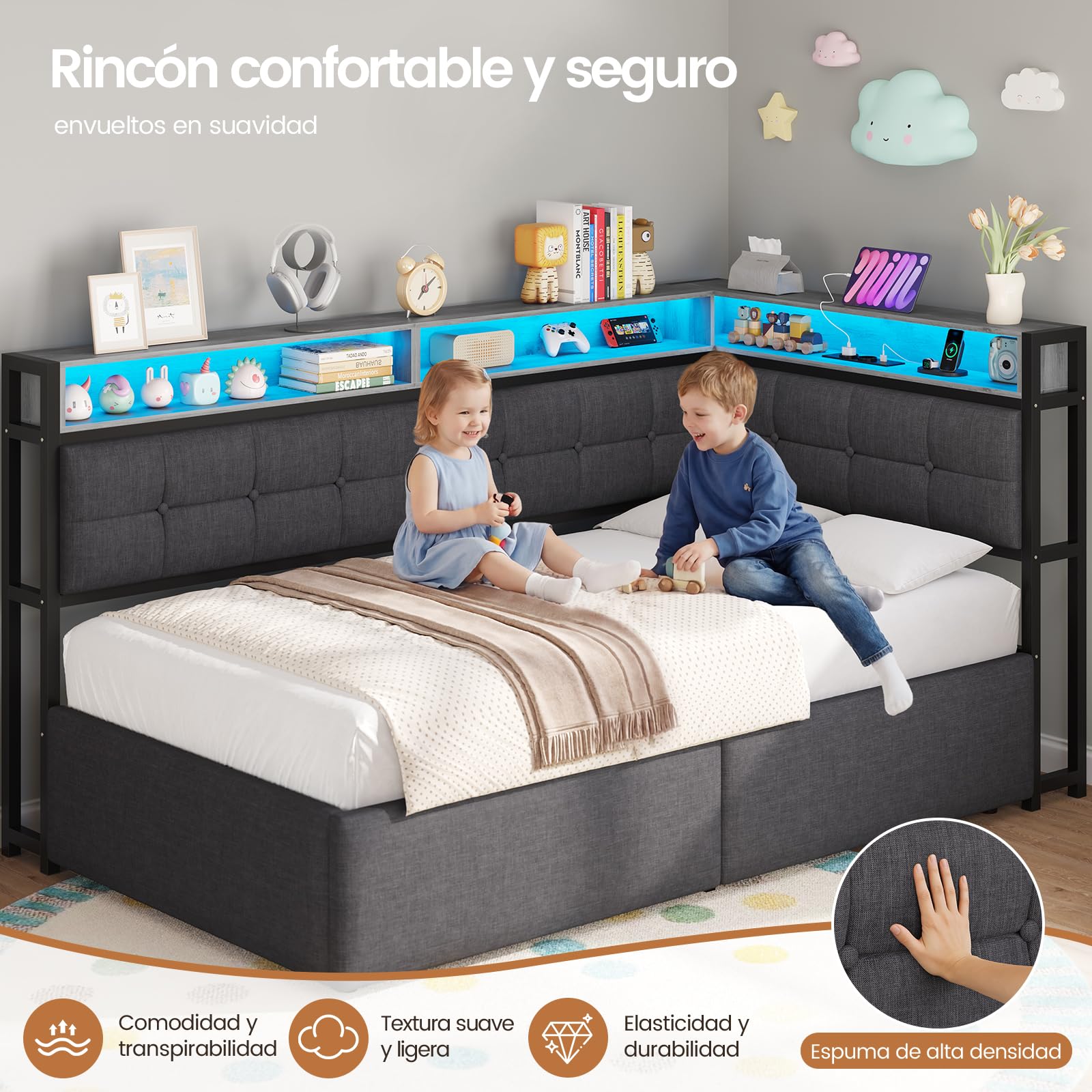 DICTAC Cama acolchada 90 x 190 cm con espacio de almacenamiento, LED y estación de carga, cama juvenil con cajón hidráulico, compartimento de almacenamiento de dos niveles, cama individual en gris