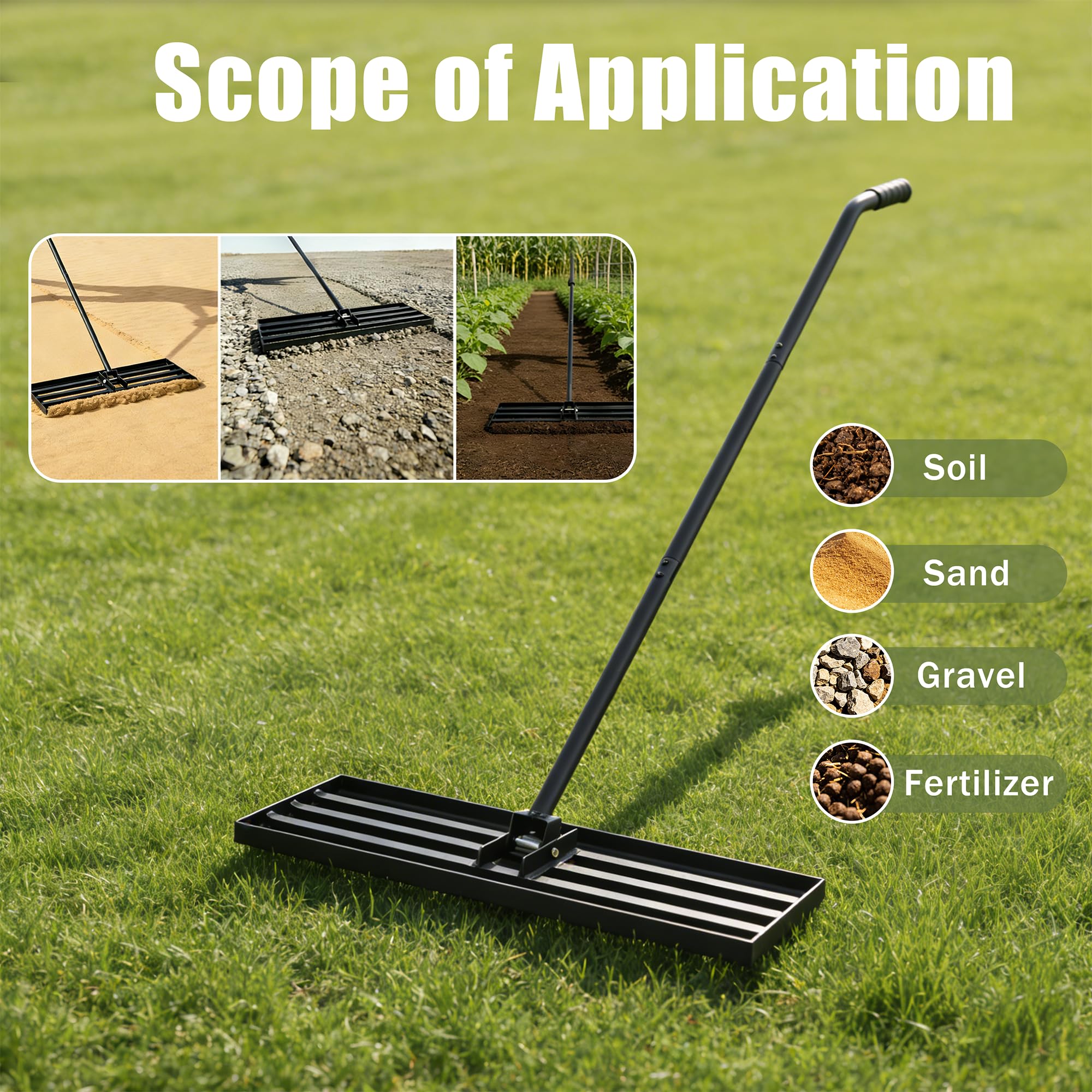 Rasenrakel 120cmx25cm, Schwerer Nivellierrechen mit Ergonomischem Gebogenem Griff, Rasenrechen für Erde, Kies, Dünger, Ideal für Garten, Hof und Golfplatz (185cm)