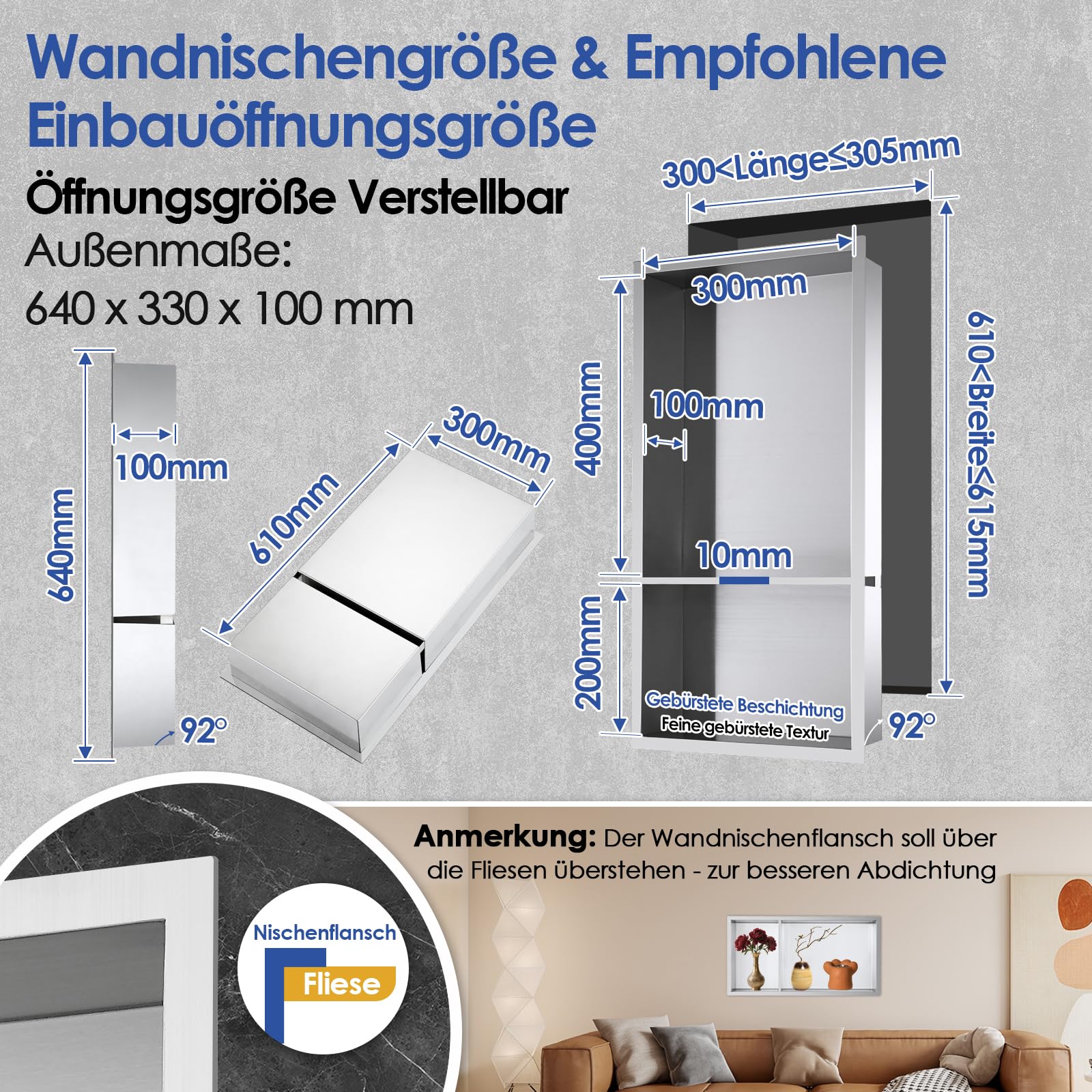 ROVOGO 60x30x10 cm Zweistufige Wandnische Dusche mit 2:1-Abteilverhältnis, Eingebettete Doppel-Duschnische Lagerung für Bad, Edelstahl 304 Einbaunische Übermontage, Einbauregal & Wandregal, Gebürstet