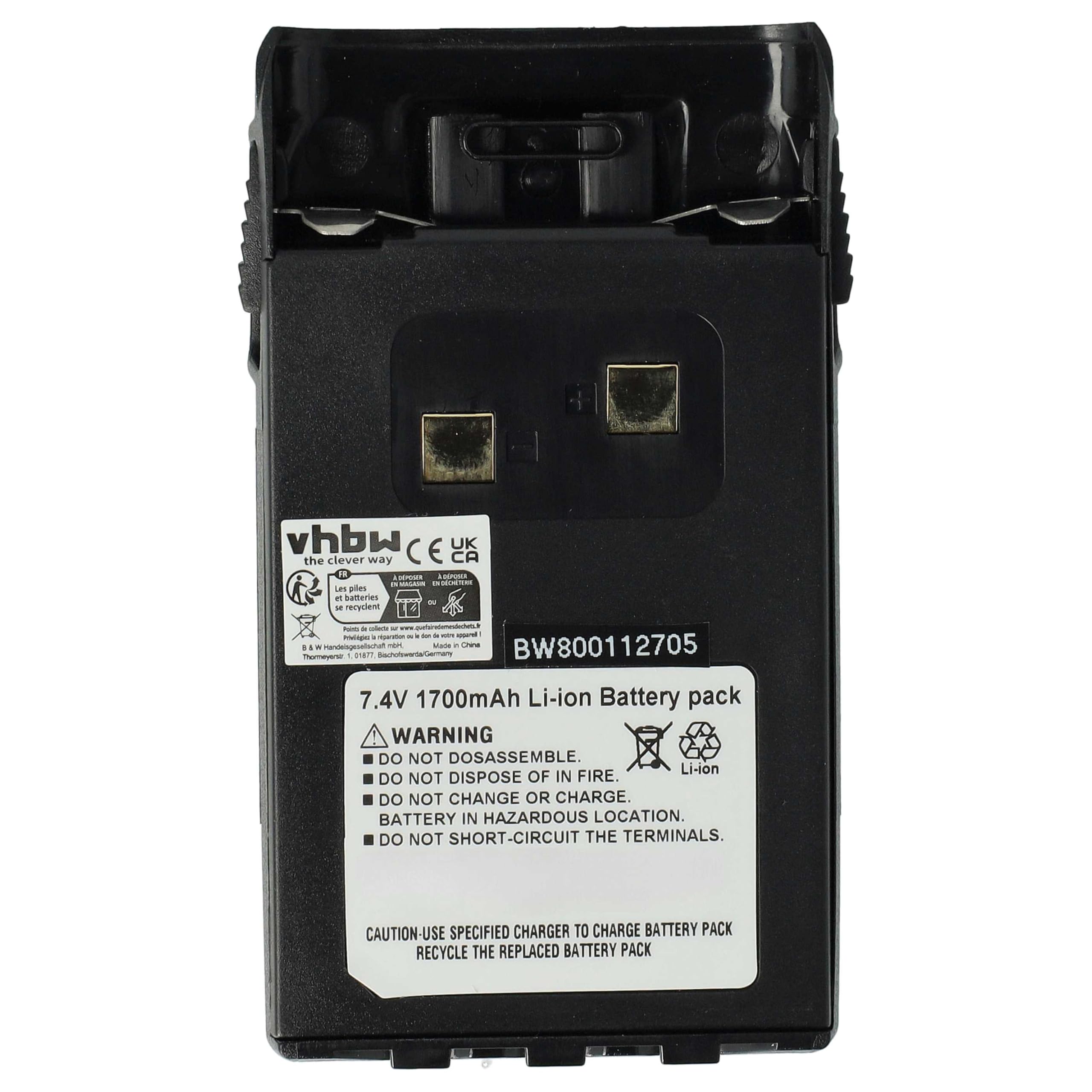 vhbw 1x batería Compatible con Wouxun KG-UVD1P, KG-UV6D, KG-UVD1 Radio (1700 mAh, 7,4 V, Li-Ion) + Pinza