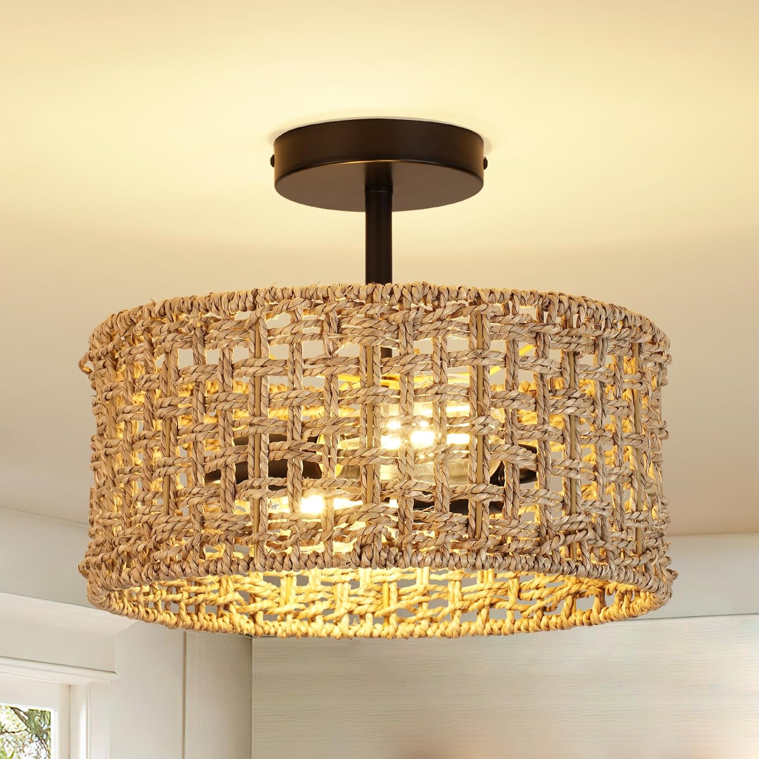 Semi Flush Rattan Light Fixture
