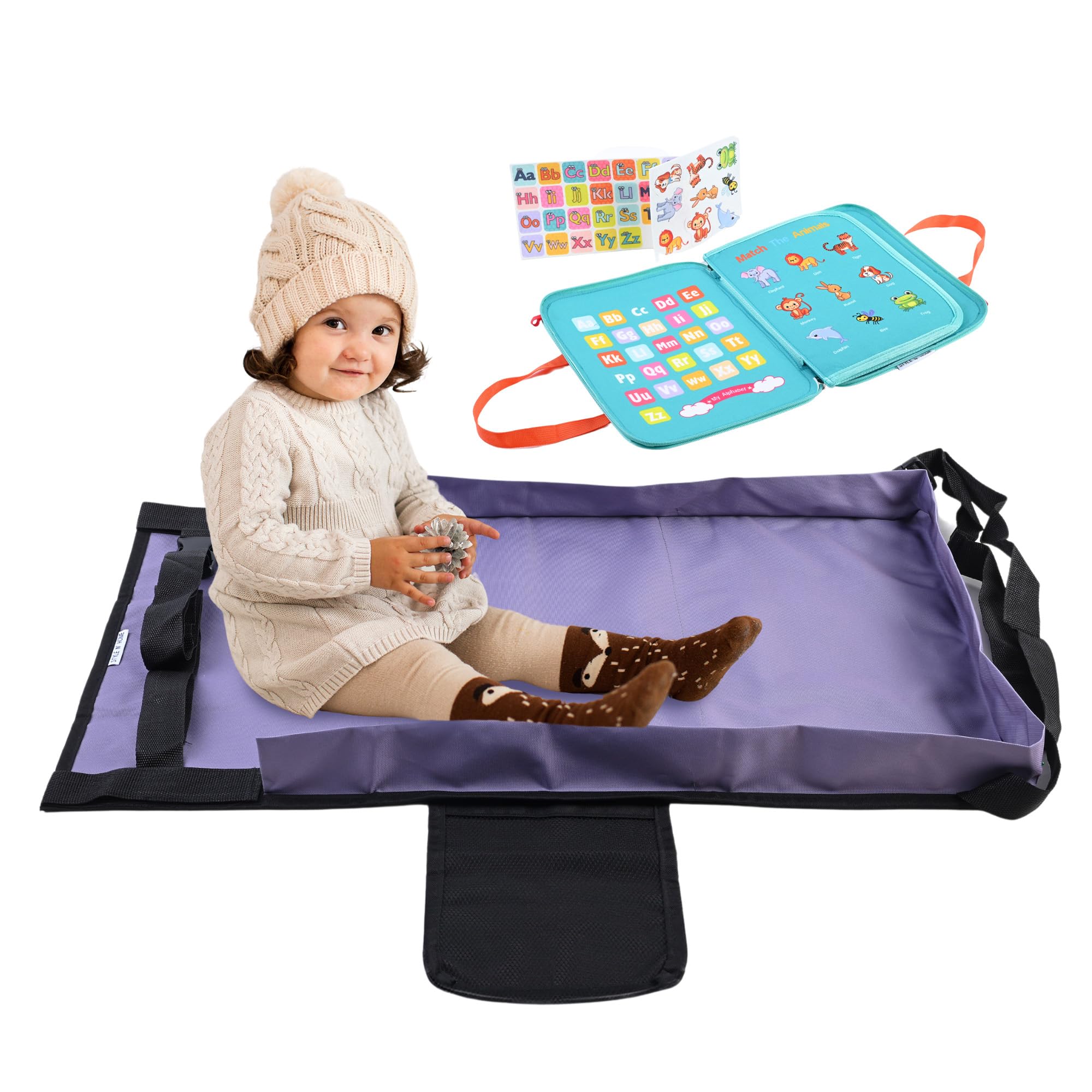 Airplane Seat Extender for Kids – Toddler Plane Bed Set with Montessori Busy Board – Toddler Airplane Travel Essentials – Soft Plane Bed, Portable