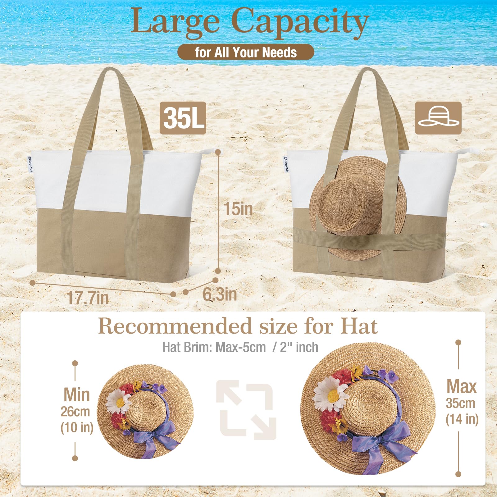 Grand sac de plage pour femme avec fermeture éclair et sangle porte-chapeau, sac de natation imperméable