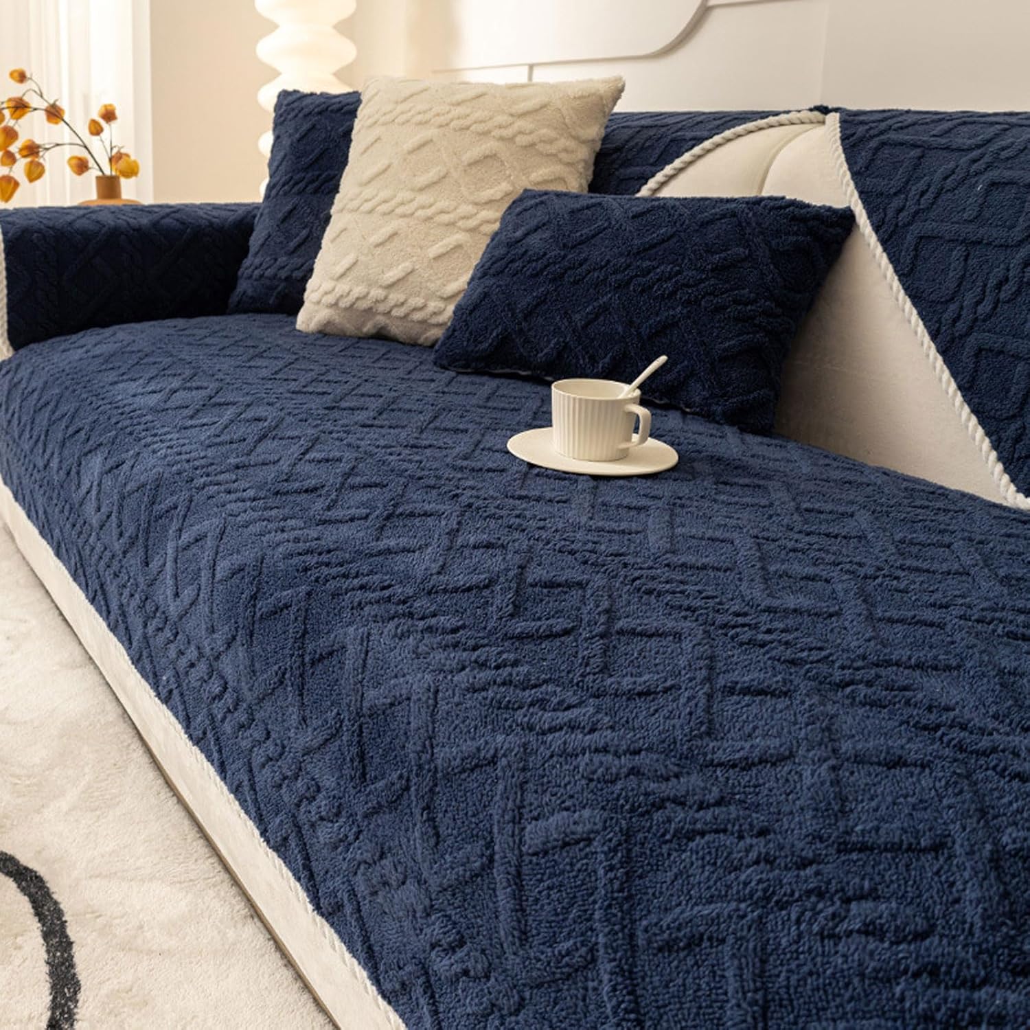 HUHJYUGE Geometric Jacquard Plush Sofa Couch Covers Farmhouse Neutral Non Slip Sectional Couch Cover Soft Warm Sofa Slipcover for Dogs, Children, Pets Furniture Protector (D 70x150cm)