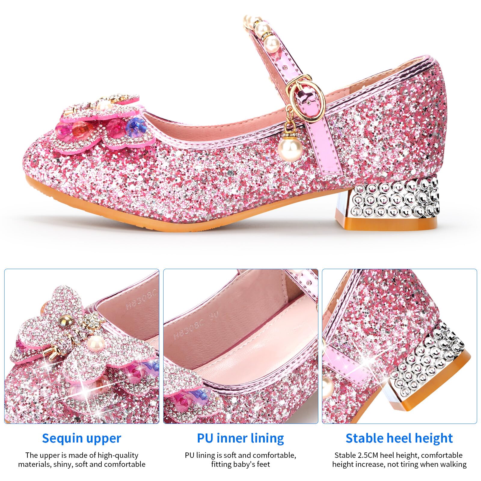 Qimaoo Girls Dress Shoes Mary Jane Princess Shoes Girls' Flats Glitter Low Heels Flower Wedding Party Footwear - 8 Toddler (738 Pink)
