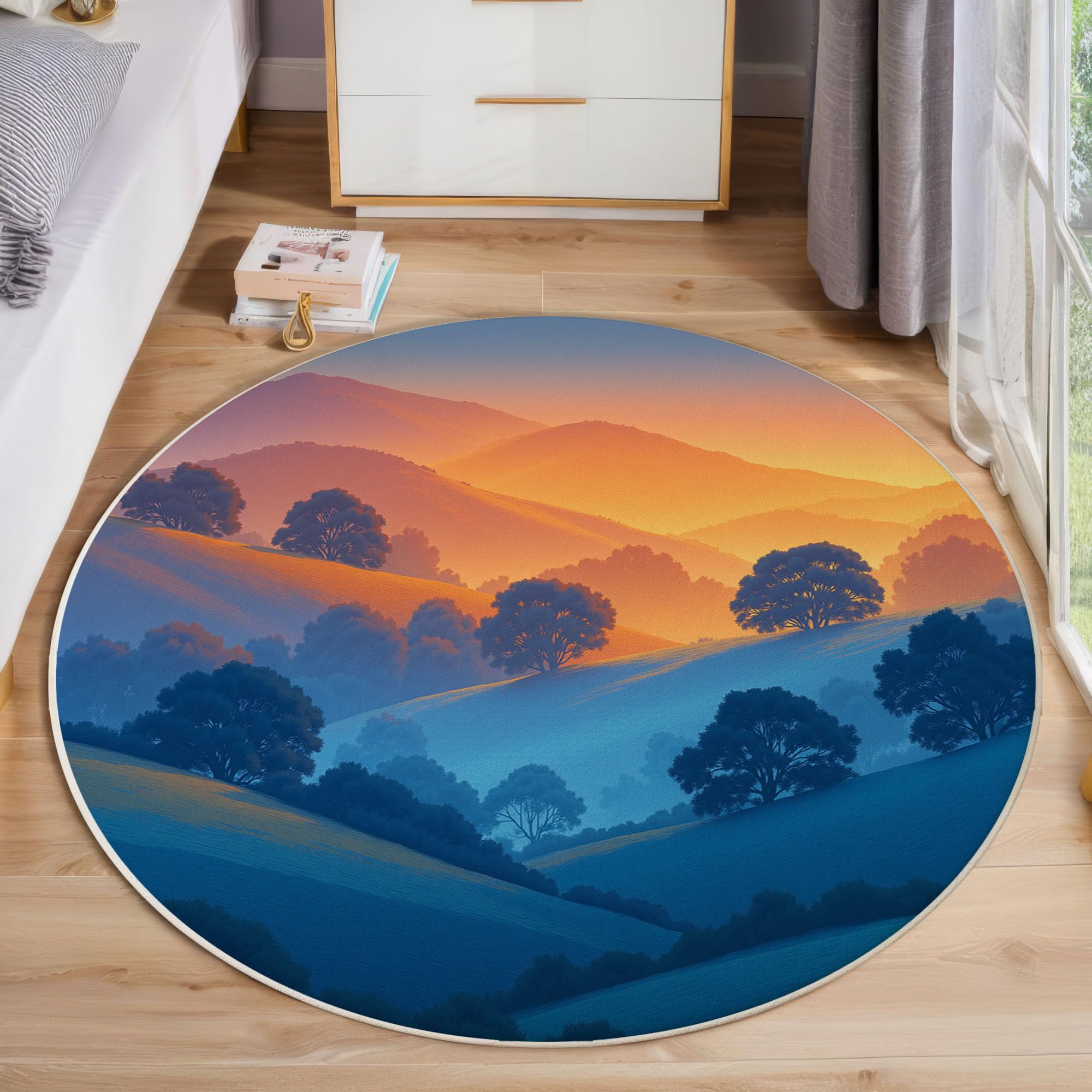 Runder Teppich Pastellfarben 100cm Kurzflor Teppich, Waschbar Rund Weich Rutschfest Teppiche, Minimalistische Landschaft Sonnenaufgangshügel Bäume für Wohnzimmer Küche Schlafzimmer Kinderzimmer
