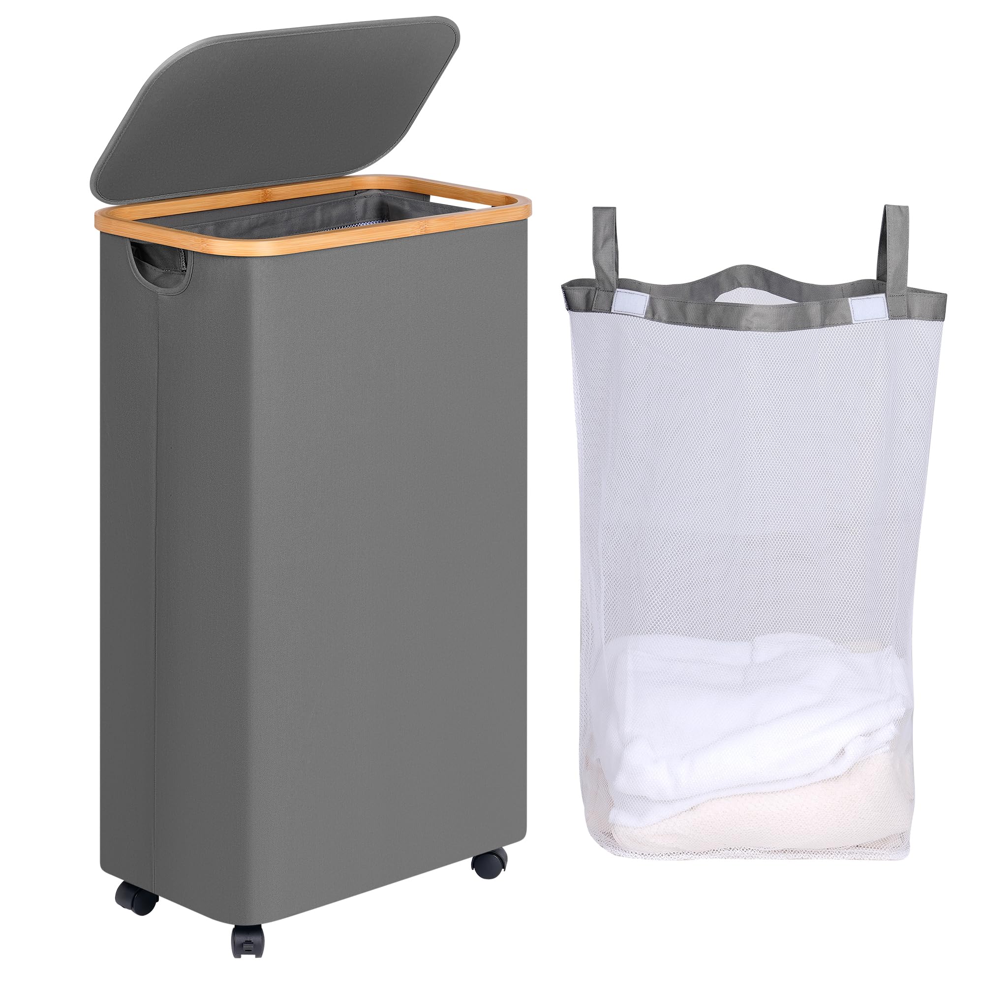 Efluky Wasmand Met Deksel 75 Liter - Smalle Opvouwbare Wasmand Met Wasbare Binnenzak, Beige