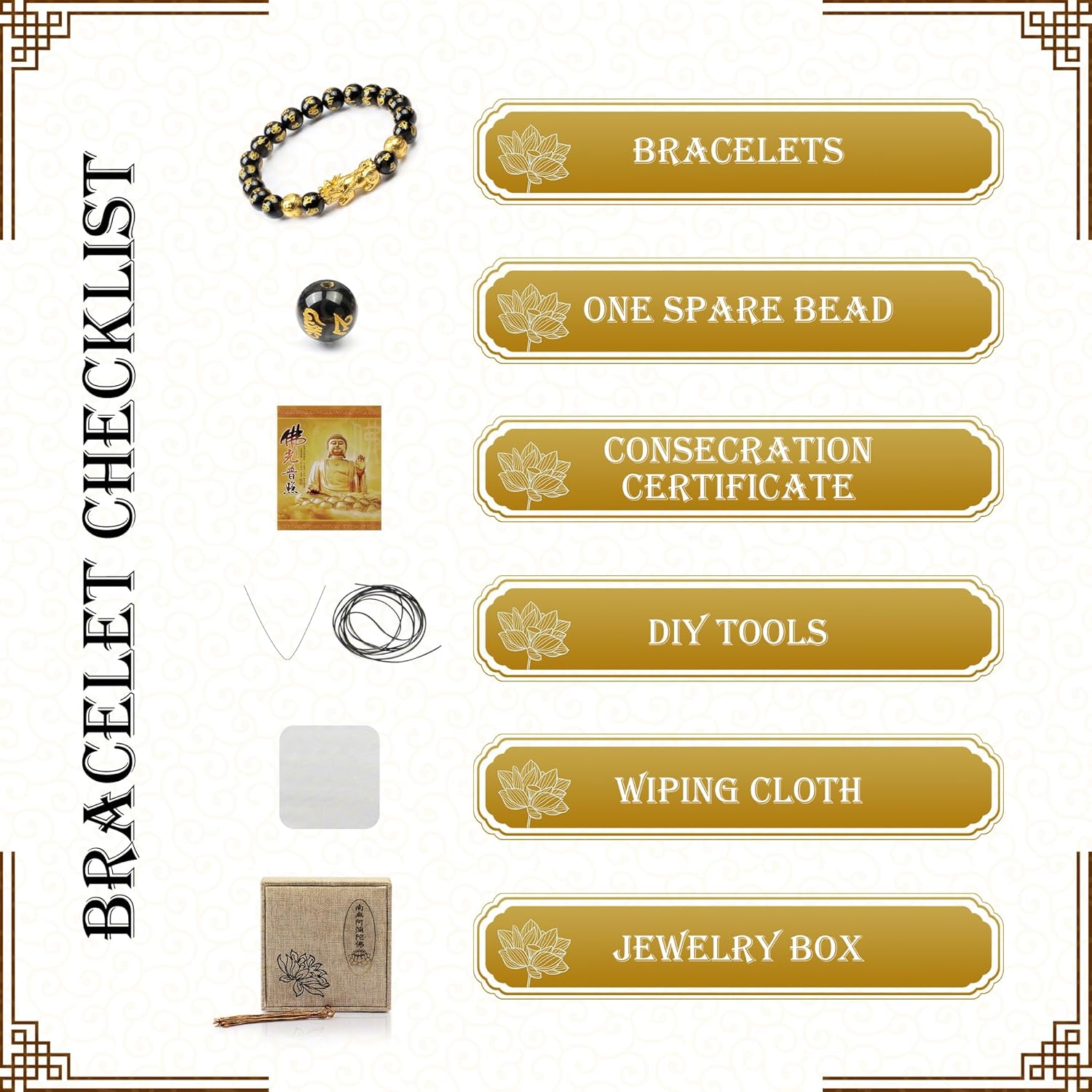 Feng Shui Obsidian bracelet, 24K Gold Plated Pixiu and Six Syllable Mantra of Buddhism brings Fortune and Good Luck, Healing and Protection bracelet, Elastic bracelet for Women and Men - Image 3