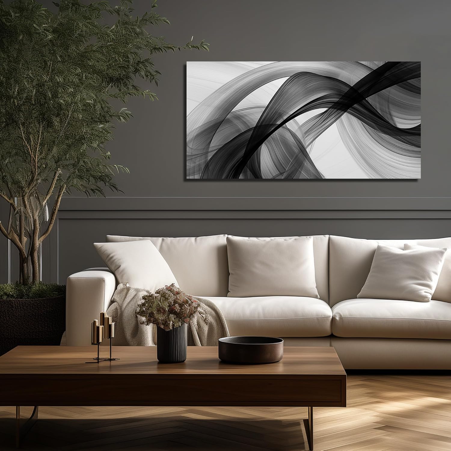 JuhaiArt Abstract Wall Art Large Black Picture Wall Decor White Canvas Art Modern Minimalist for Living Room Office 24"x 48" Monochrome Artwork - Image 7