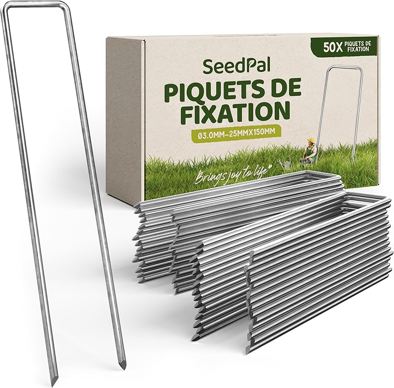 Sardines de Fixation en Acier Galvanisé (50 Pièces) - Agrafes de Fixation pour Toile de Paillage, Grillage et Tente - Piquets de Jardin 150 mm Long, 25 mm Large, Ø 3 mm
